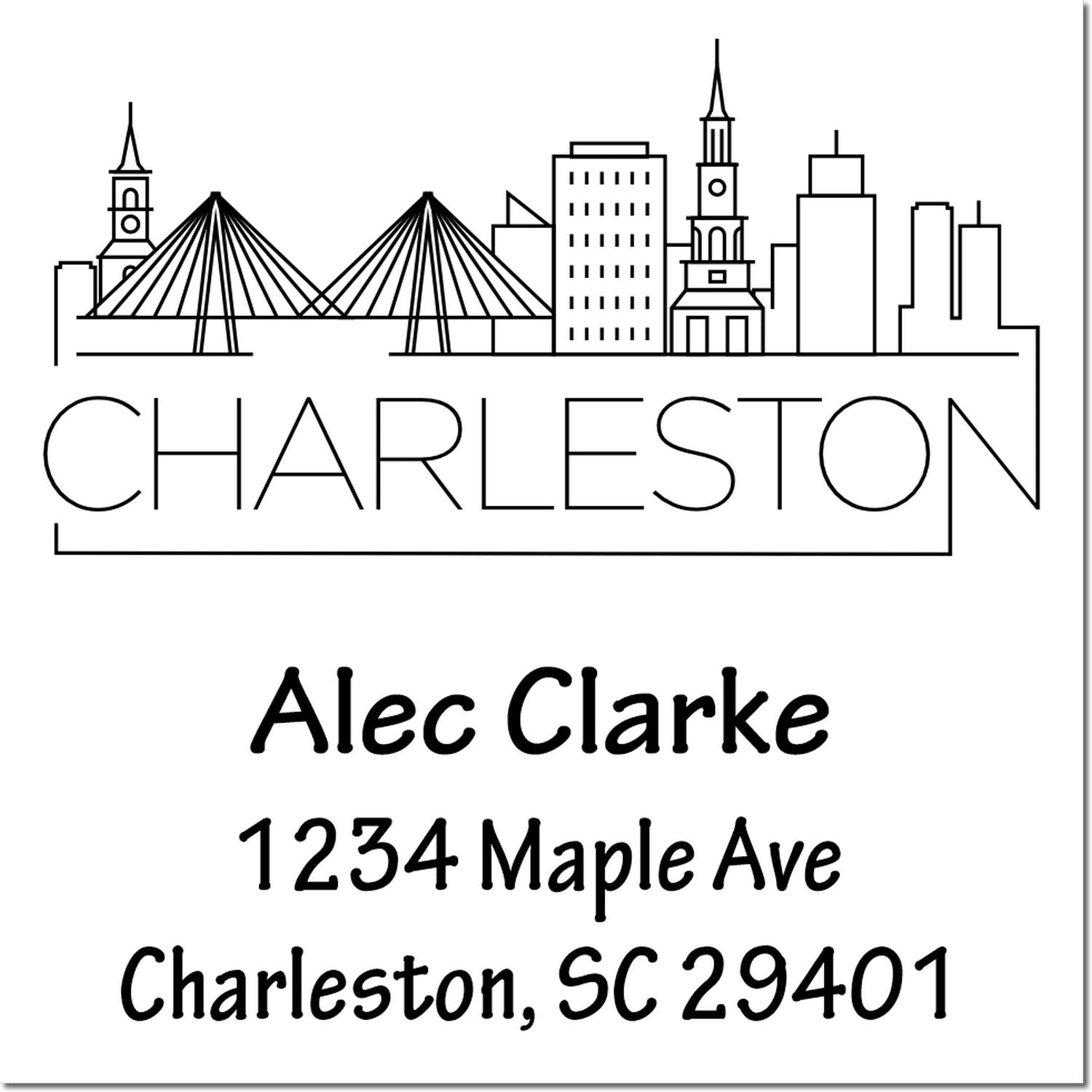 Personalized Charleston rubber address stamp with skyline, Alec Clarke, 1234 Maple Ave, Charleston SC 29401.