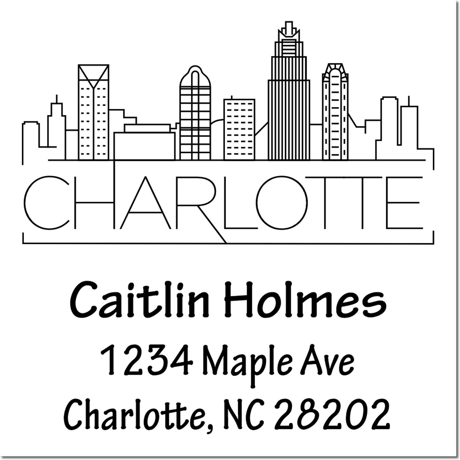 Custom Charlotte skyline return address rubber stamp for Caitlin Holmes, 1234 Maple Ave, Charlotte, NC 28202.