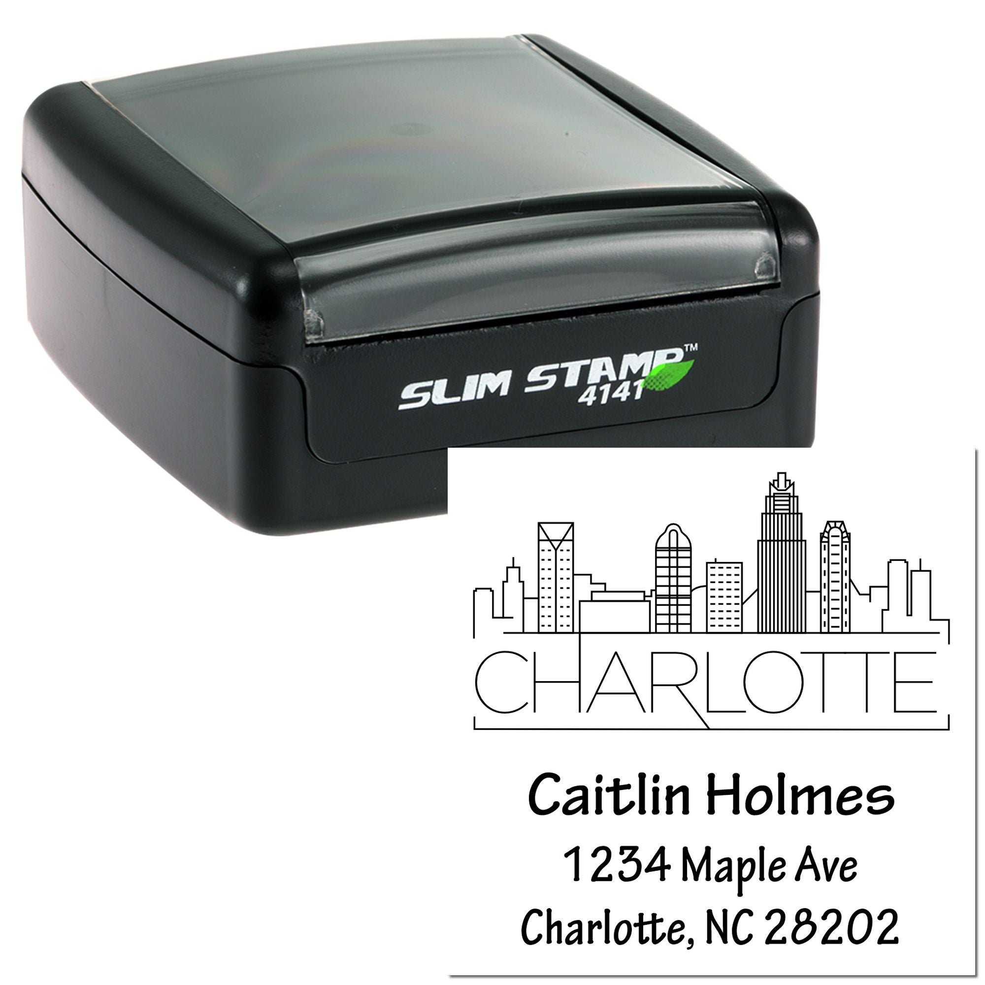 Custom self-inking rubber stamp with Charlotte skyline return address design for Caitlin Holmes, 1234 Maple Ave, Charlotte, NC.
