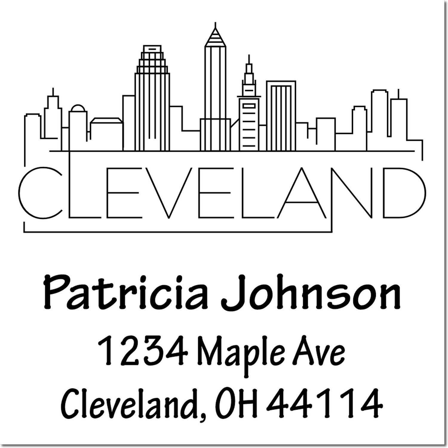 Custom Cleveland address rubber stamp with skyline design, Patricia Johnson name, and 1234 Maple Ave, Cleveland, OH 44114.