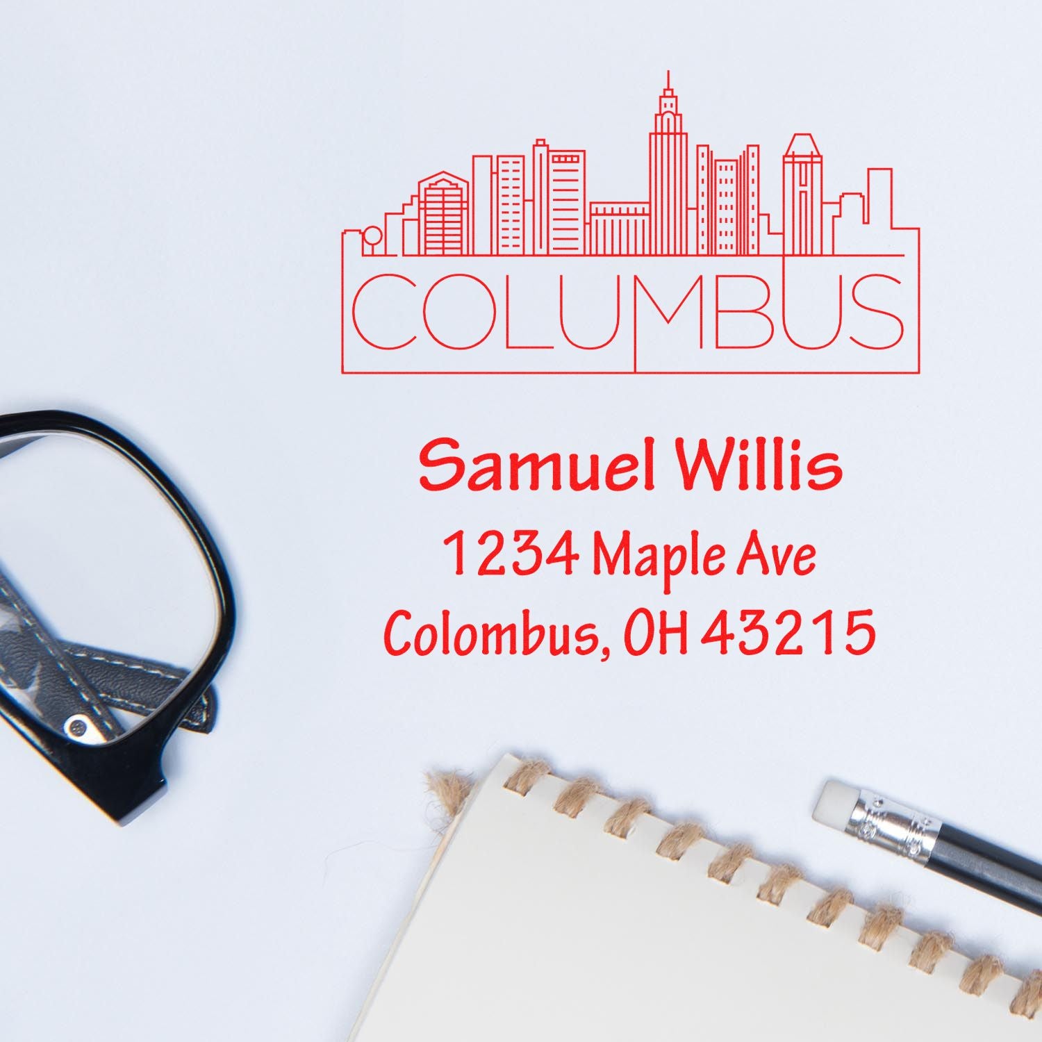 Custom Columbus address rubber stamp with skyline logo, Samuel Willis, 1234 Maple Ave, Columbus, OH 43215