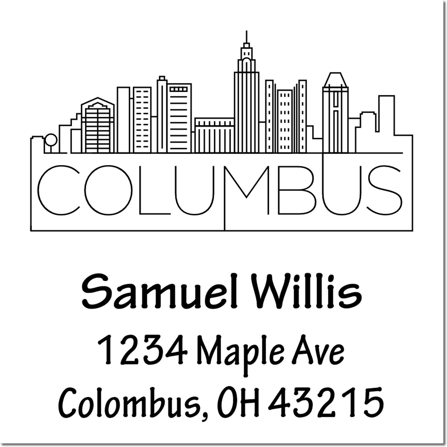 Custom Columbus skyline address rubber stamp for Samuel Willis, 1234 Maple Ave, Columbus, OH 43215.