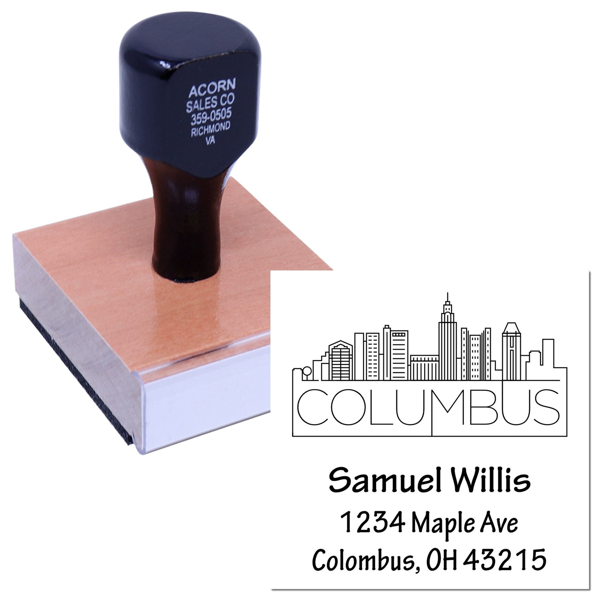 Custom rubber stamp with Columbus skyline and return address design for business mailing and personalized envelopes.