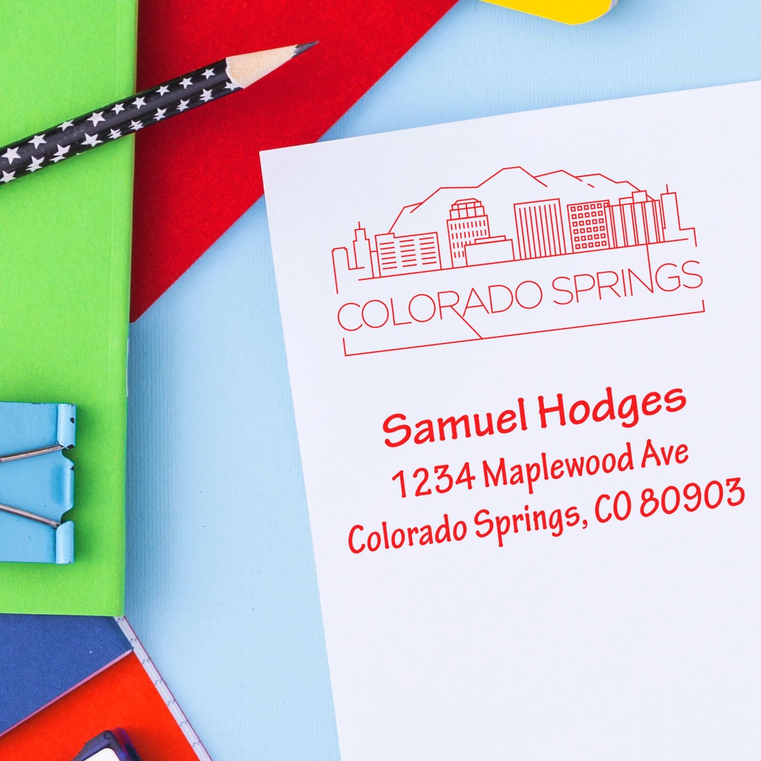 Custom Colorado Springs address rubber stamp with skyline design for personalized return mail, stationery, and business branding