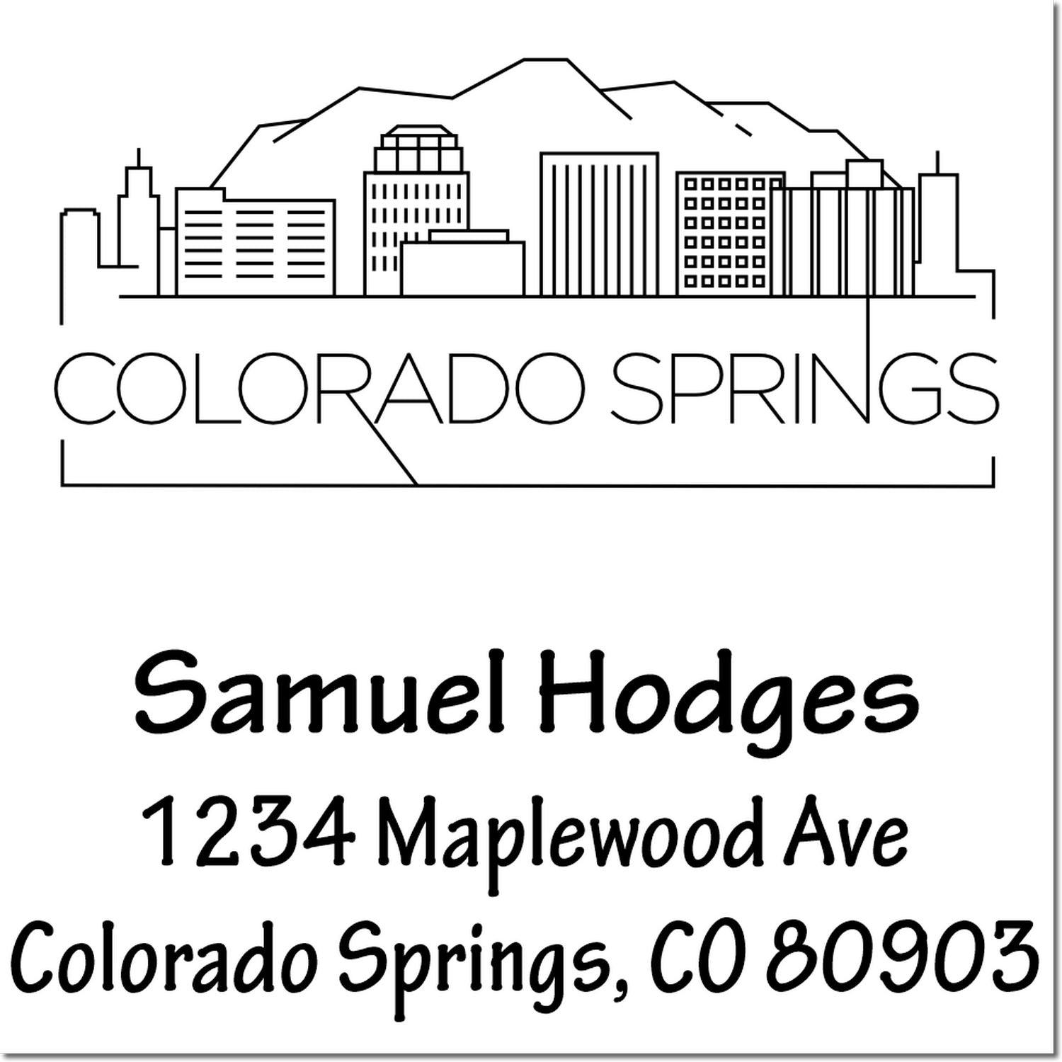 Custom Colorado Springs skyline address rubber stamp with Samuel Hodges, 1234 Maplewood Ave, Colorado Springs, CO 80903