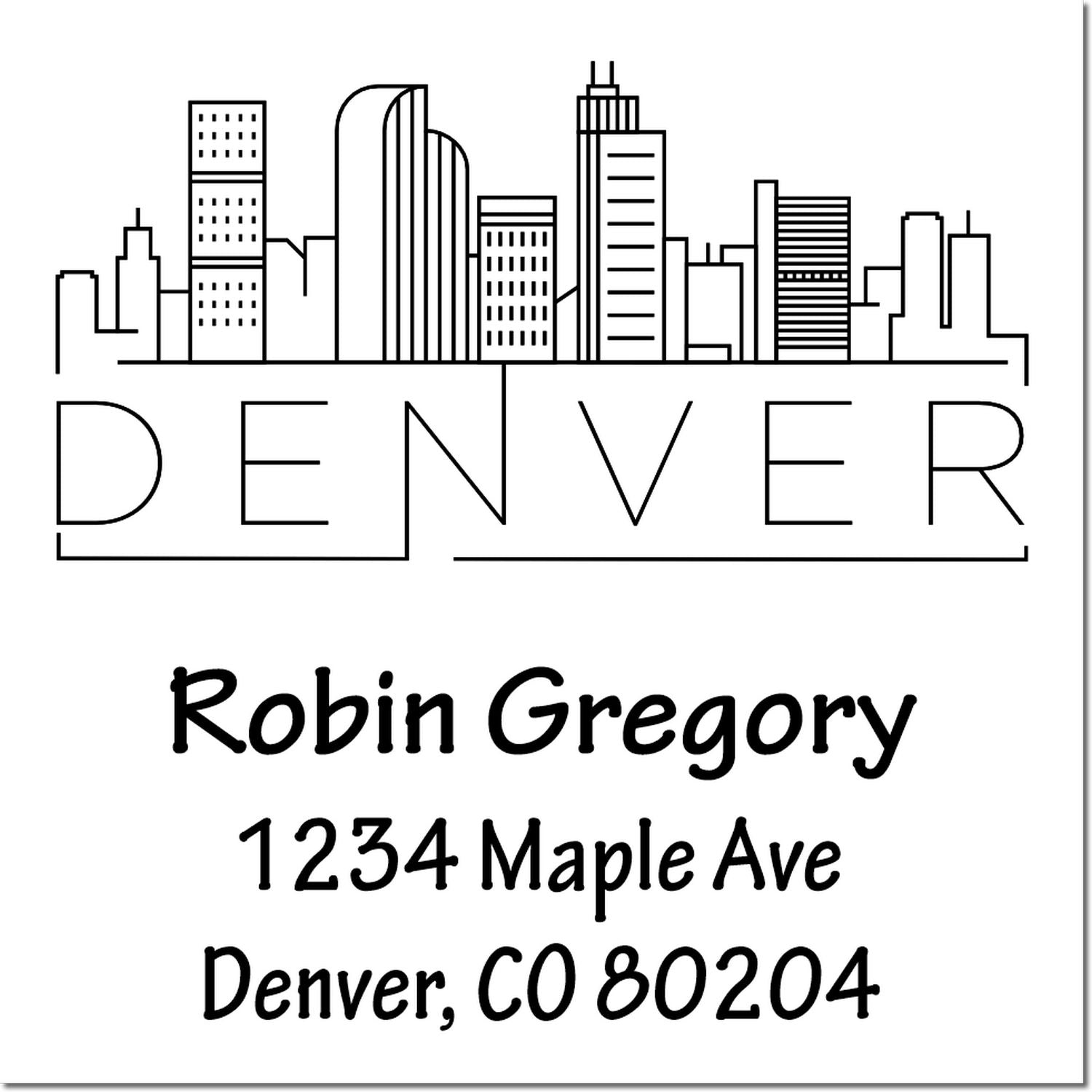 Custom Denver return address rubber stamp with skyline, Robin Gregory, 1234 Maple Ave, Denver, CO 80204.