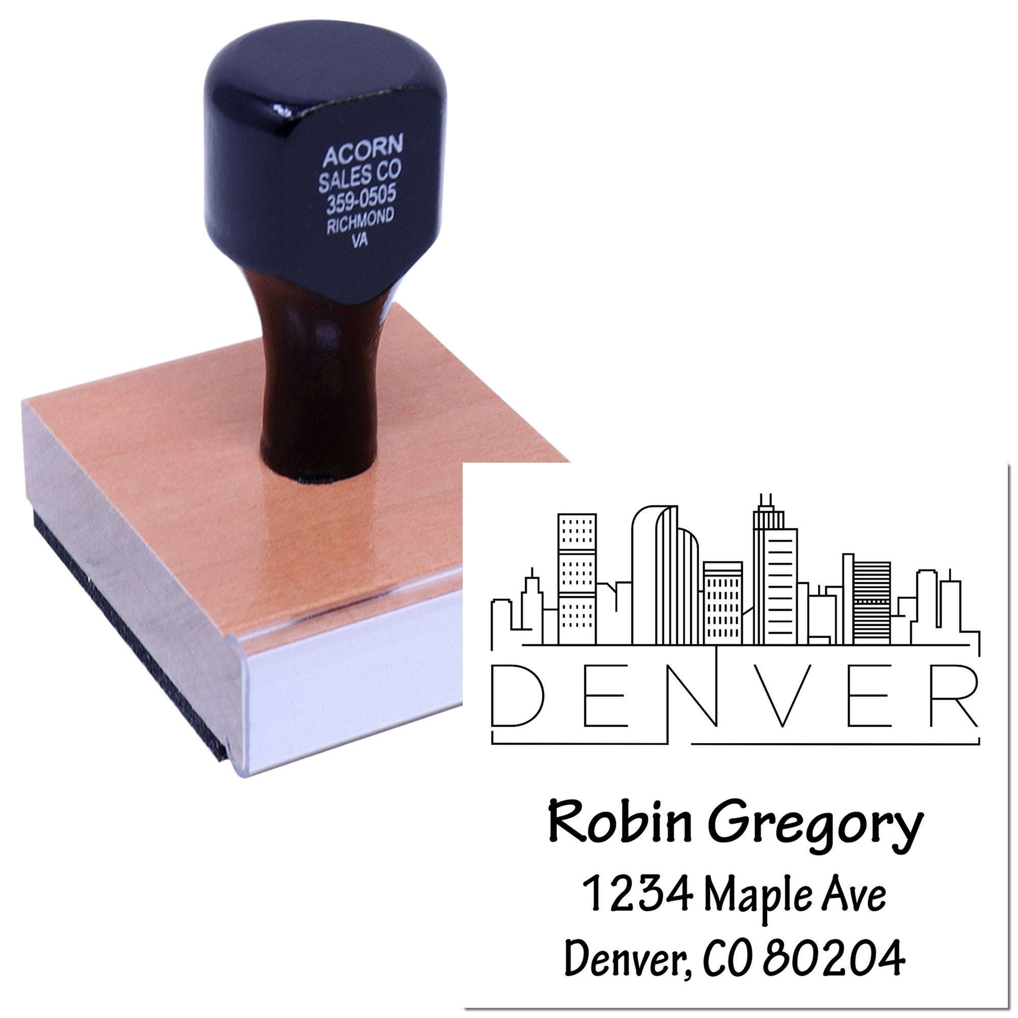 Custom Denver return address rubber stamp with skyline logo and address imprint for envelopes and business mail.