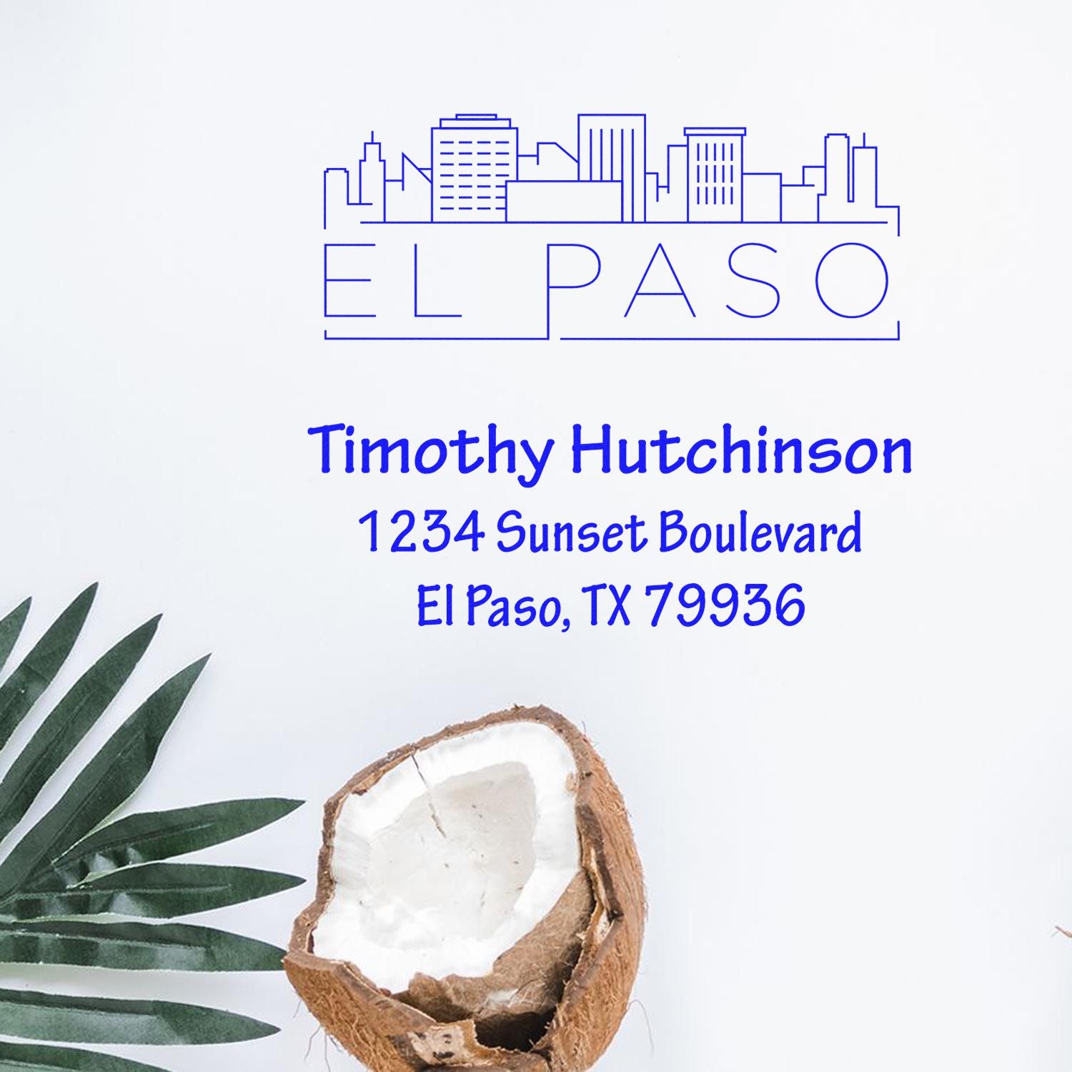 Custom El Paso rubber address stamp with skyline logo and return address for Timothy Hutchinson, 1234 Sunset Boulevard, TX 79936