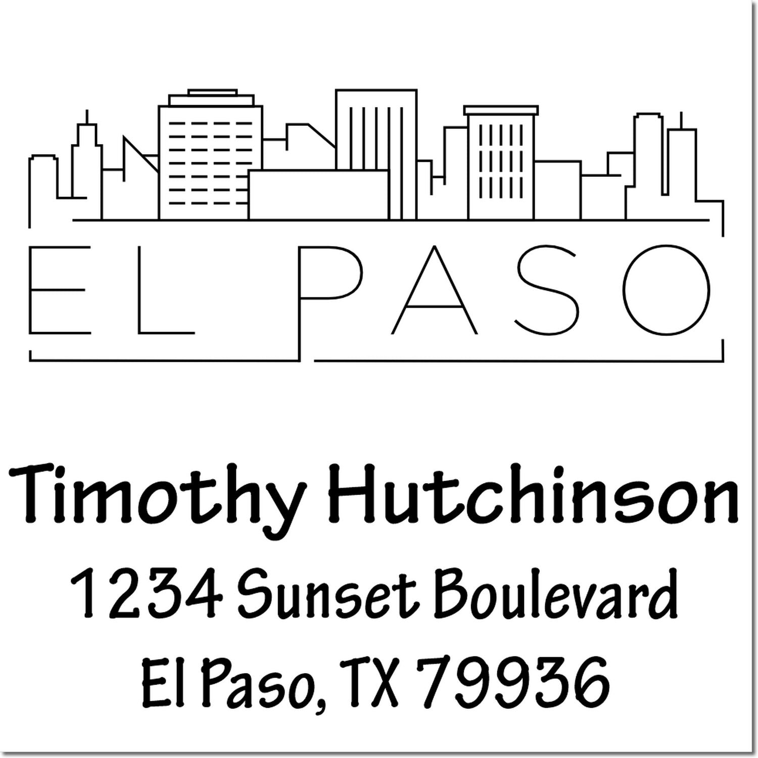 Custom El Paso rubber stamp with skyline, Timothy Hutchinson, 1234 Sunset Boulevard, El Paso, TX 79936 return address design