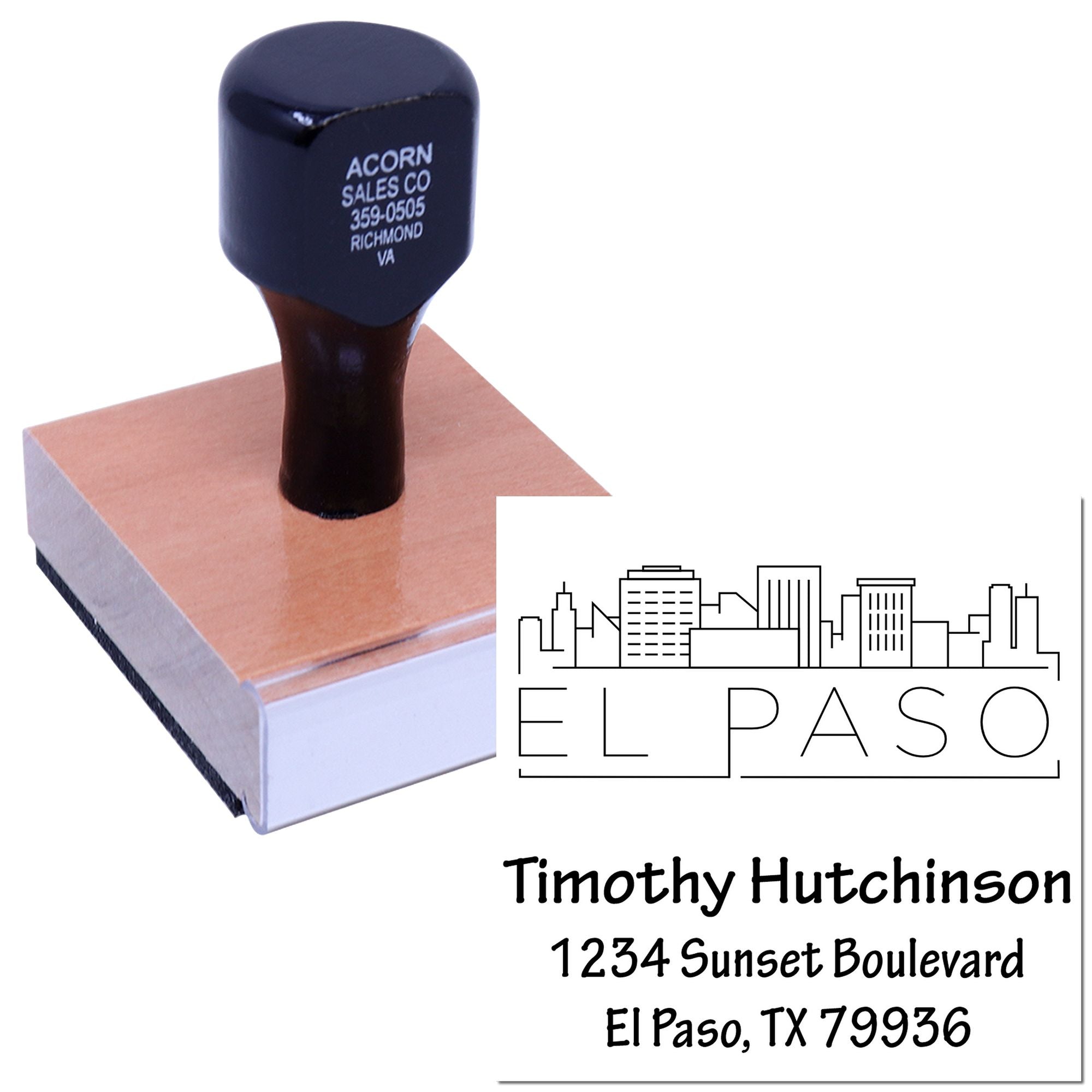Custom rubber address stamp with El Paso logo and business name for mailing and branding
