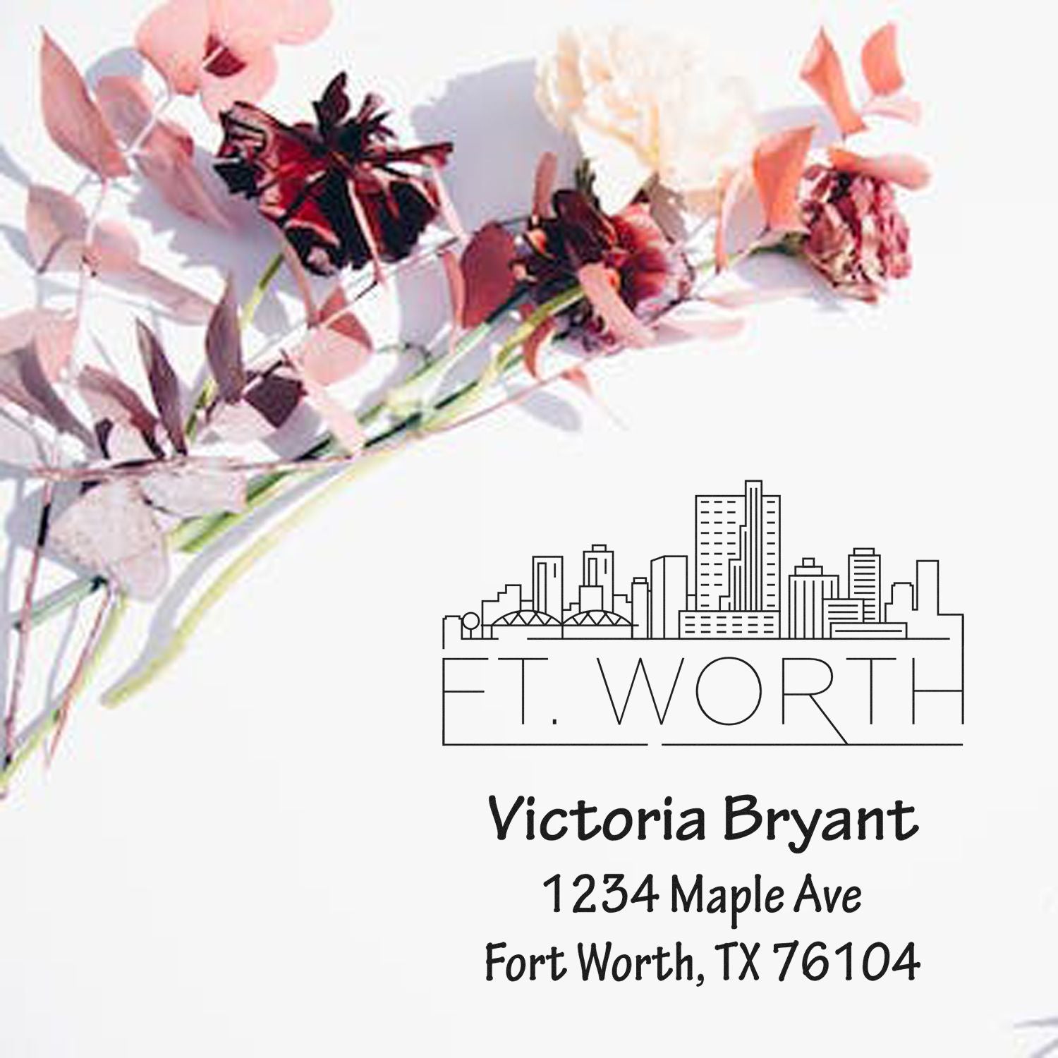 Fort Worth, TX custom return address rubber stamp with skyline and floral design for wedding stationery