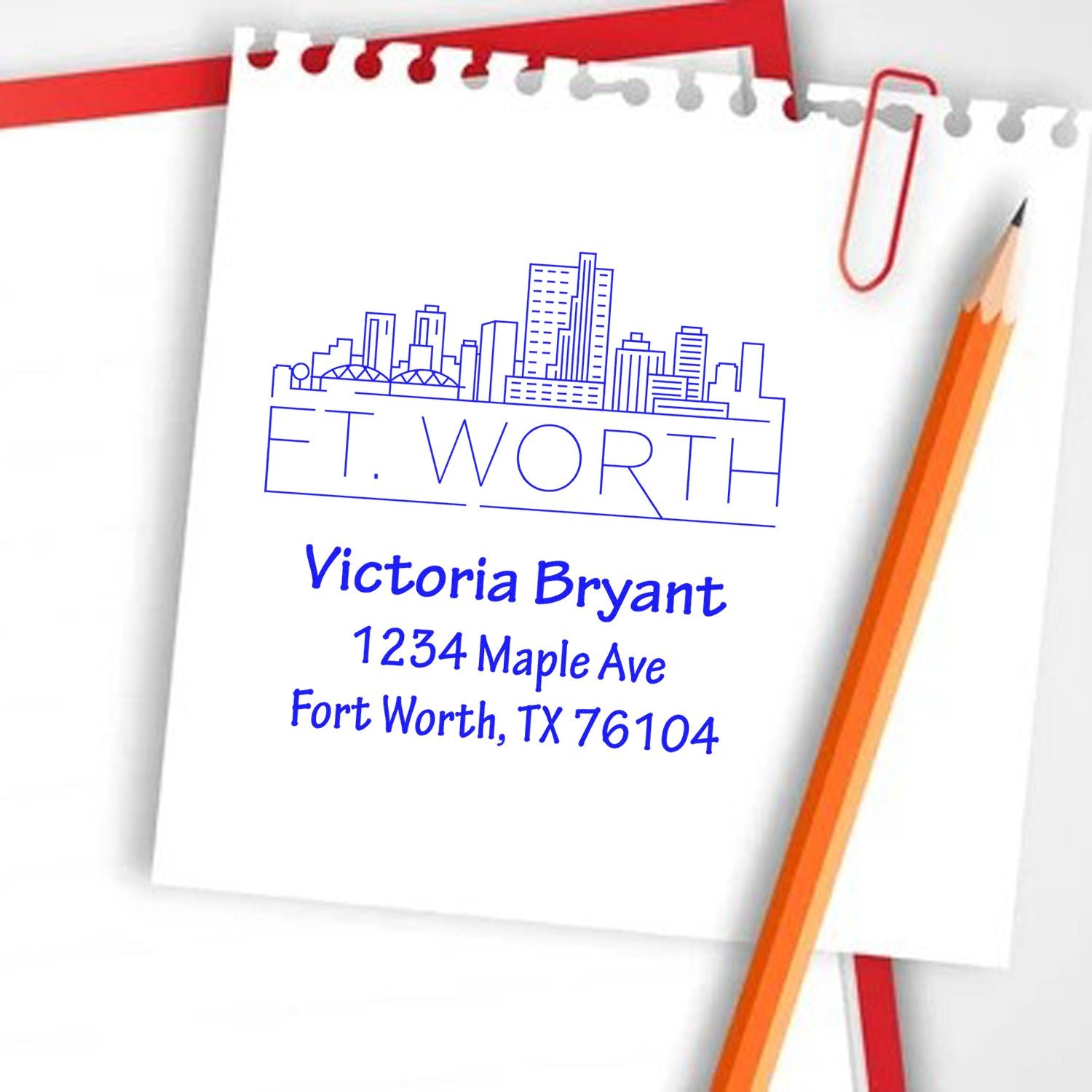 Custom Fort Worth return address rubber stamp with skyline design for Victoria Bryant, 1234 Maple Ave, Fort Worth, TX 76104.