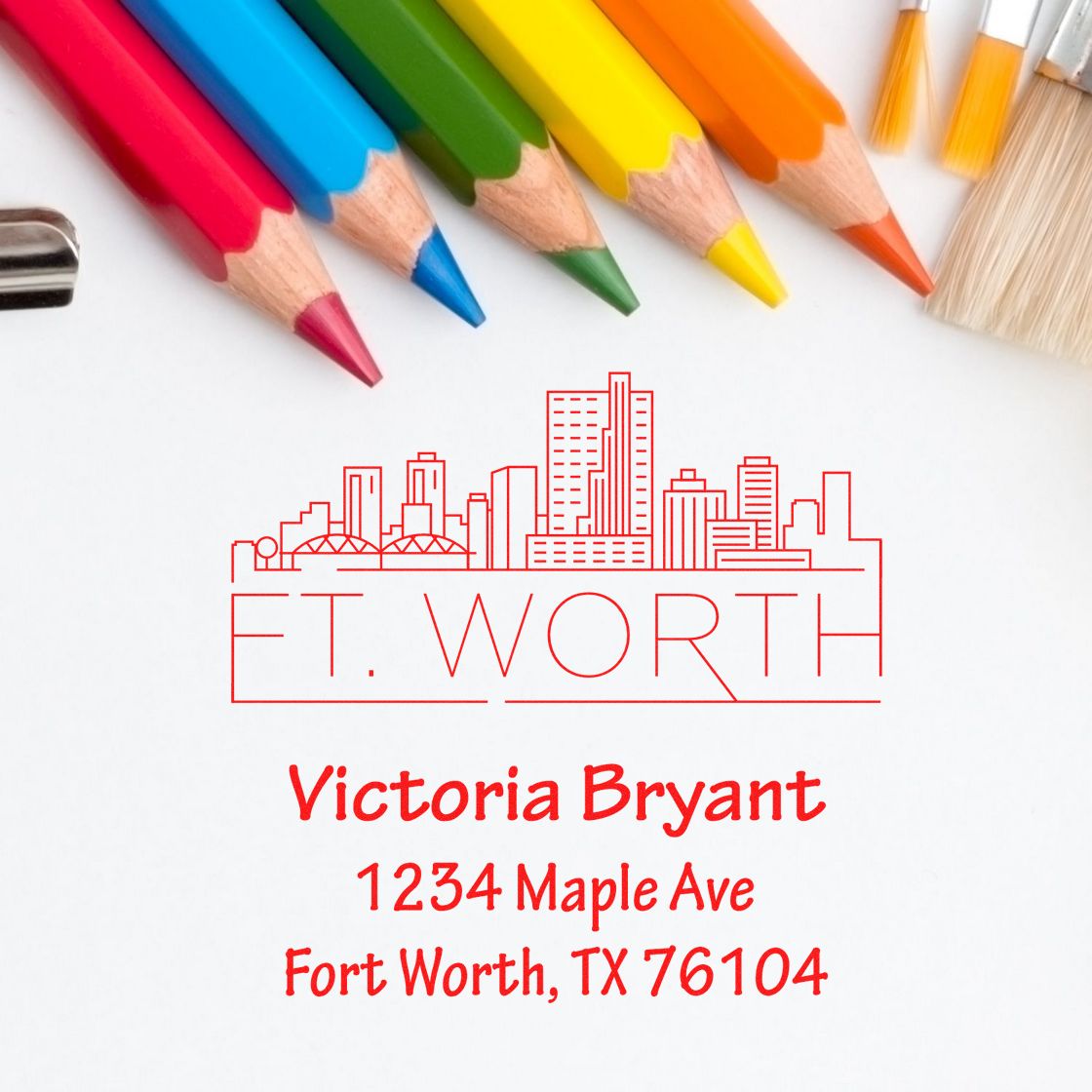 Custom Fort Worth return address rubber stamp with skyline design, Victoria Bryant, 1234 Maple Ave, TX 76104.