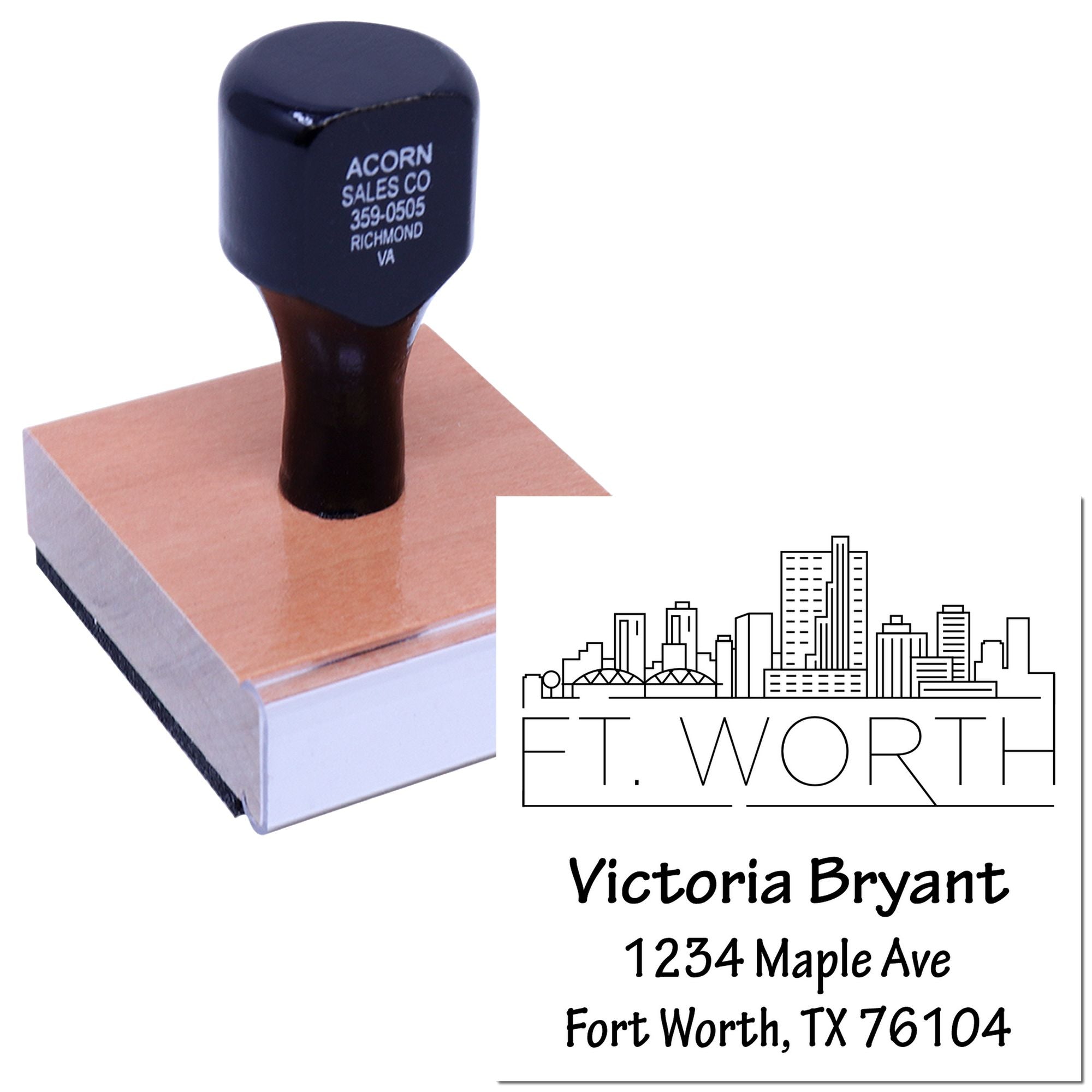 Custom Fort Worth address rubber stamp with self-inking handle for business mailing and logo branding.