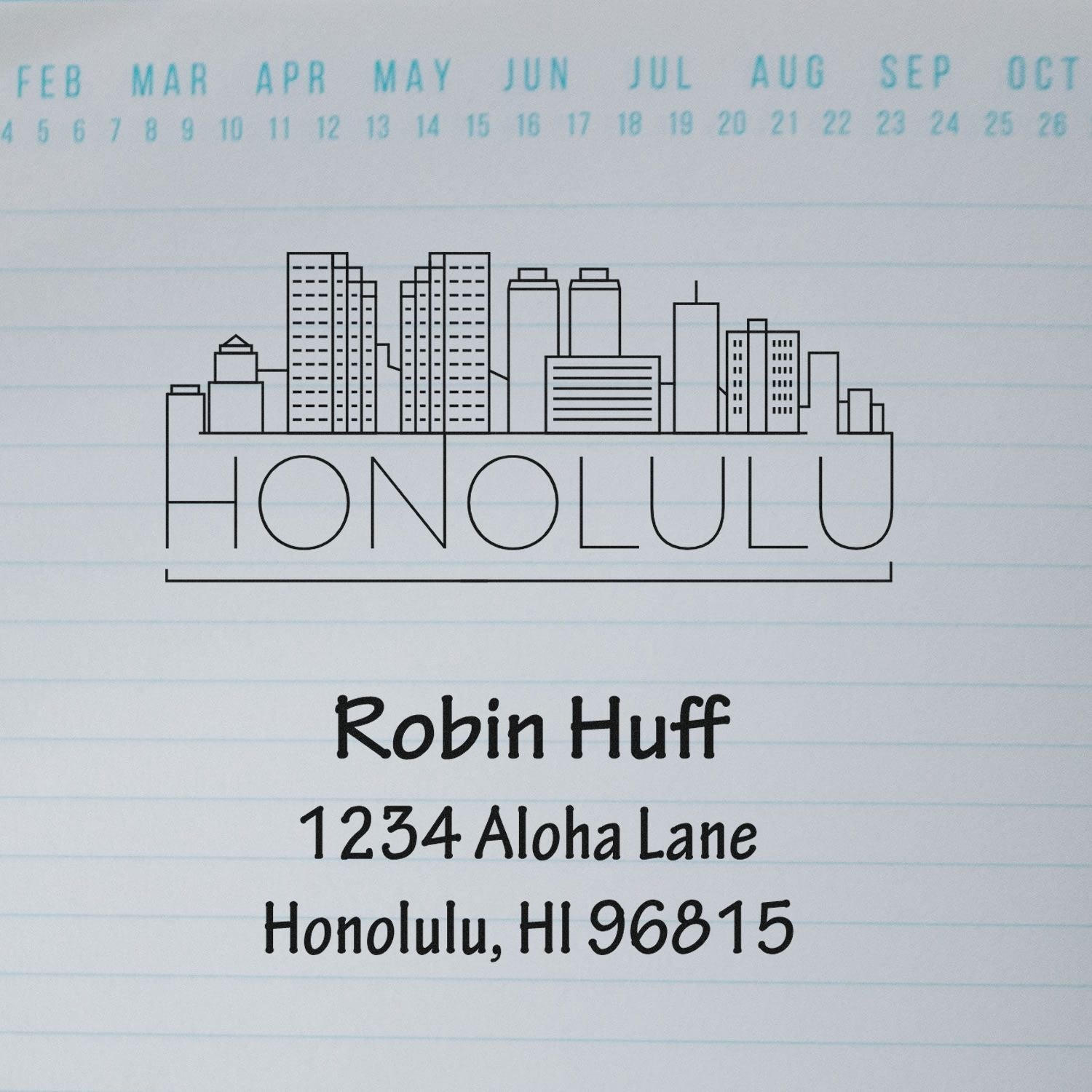 Custom Honolulu skyline return address rubber stamp with Robin Huff, 1234 Aloha Lane, Honolulu, HI 96815.