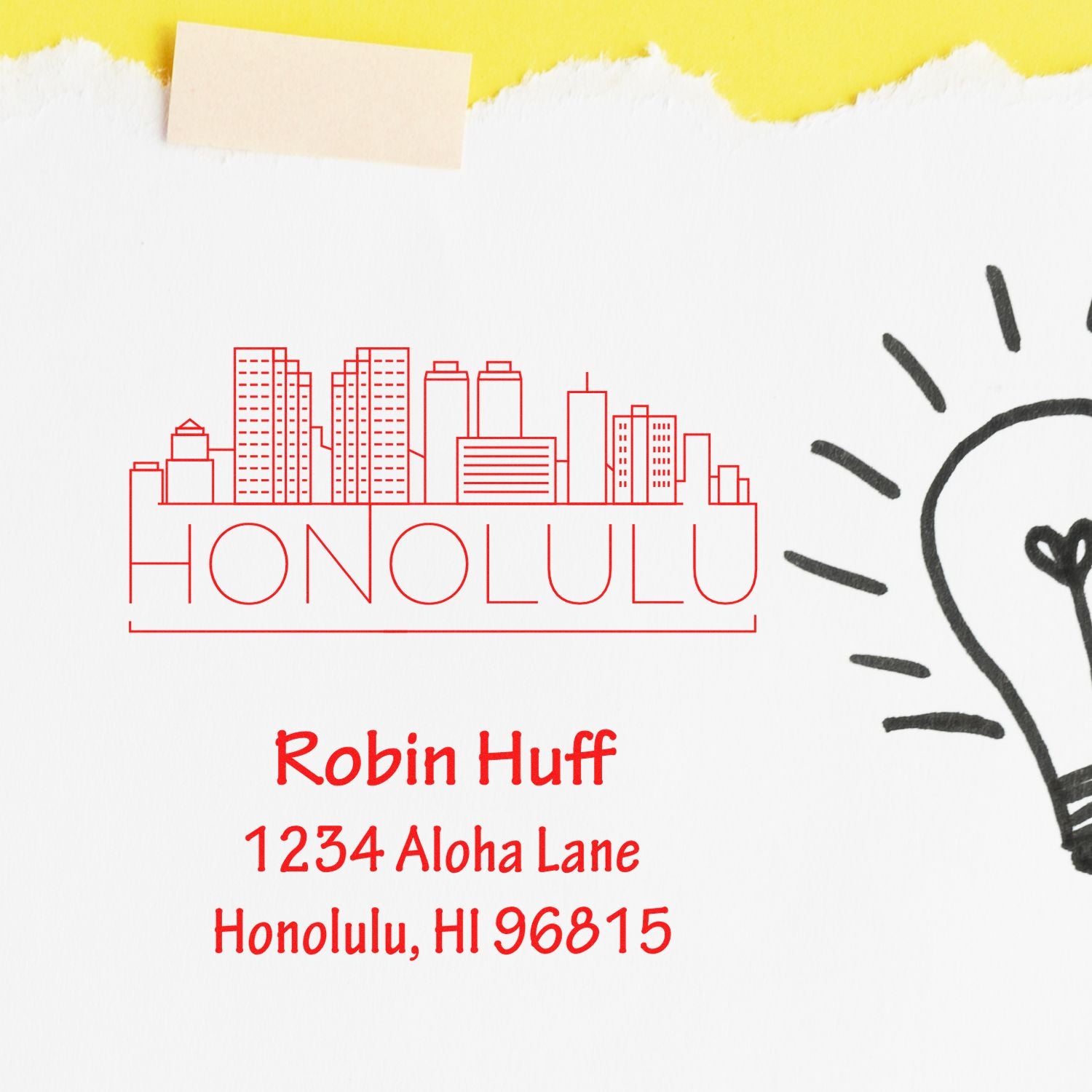 Custom Honolulu address rubber stamp with skyline design for Robin Huff, 1234 Aloha Lane, Honolulu, HI 96815