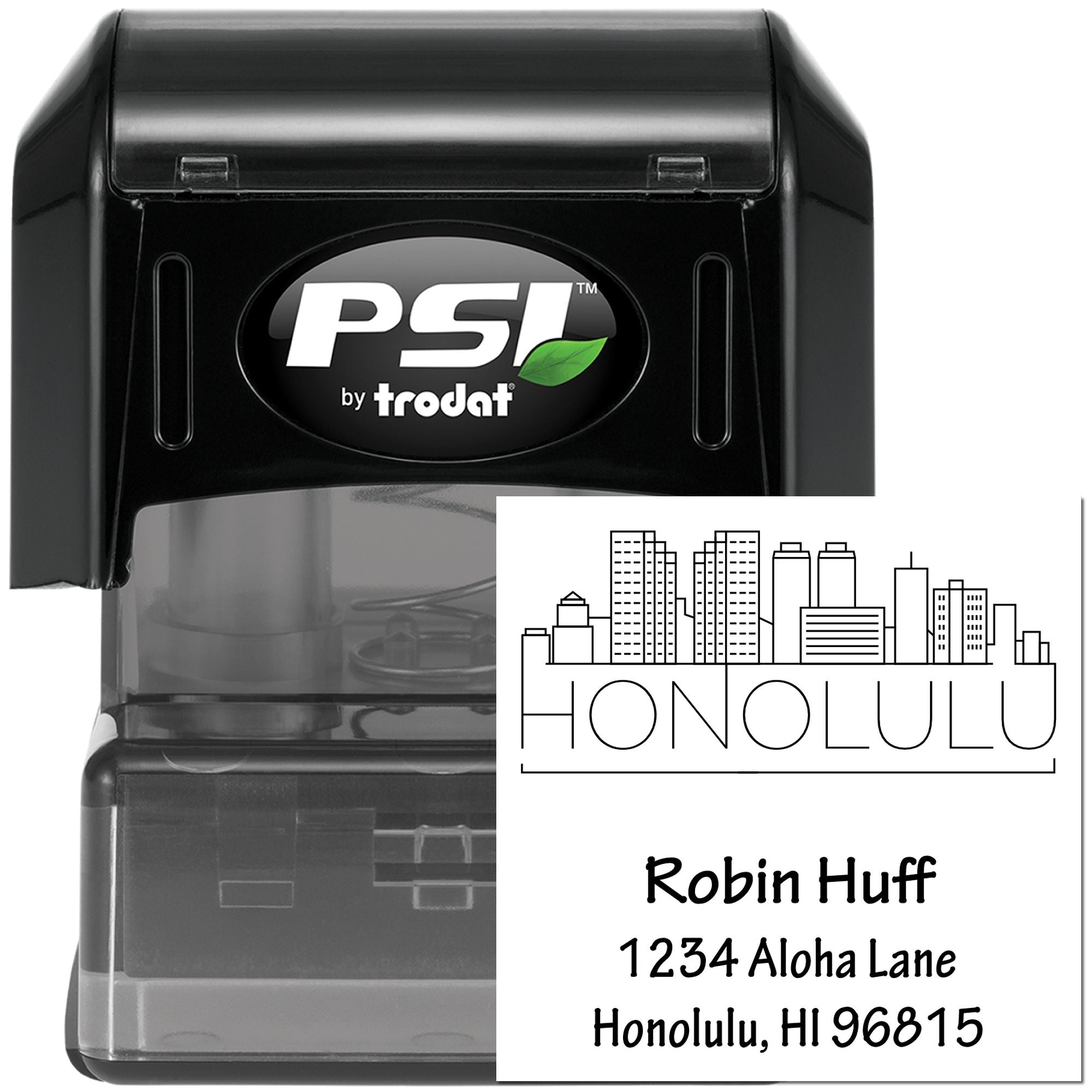 PSI by Trodat custom self-inking rubber address stamp with Honolulu, HI return address design