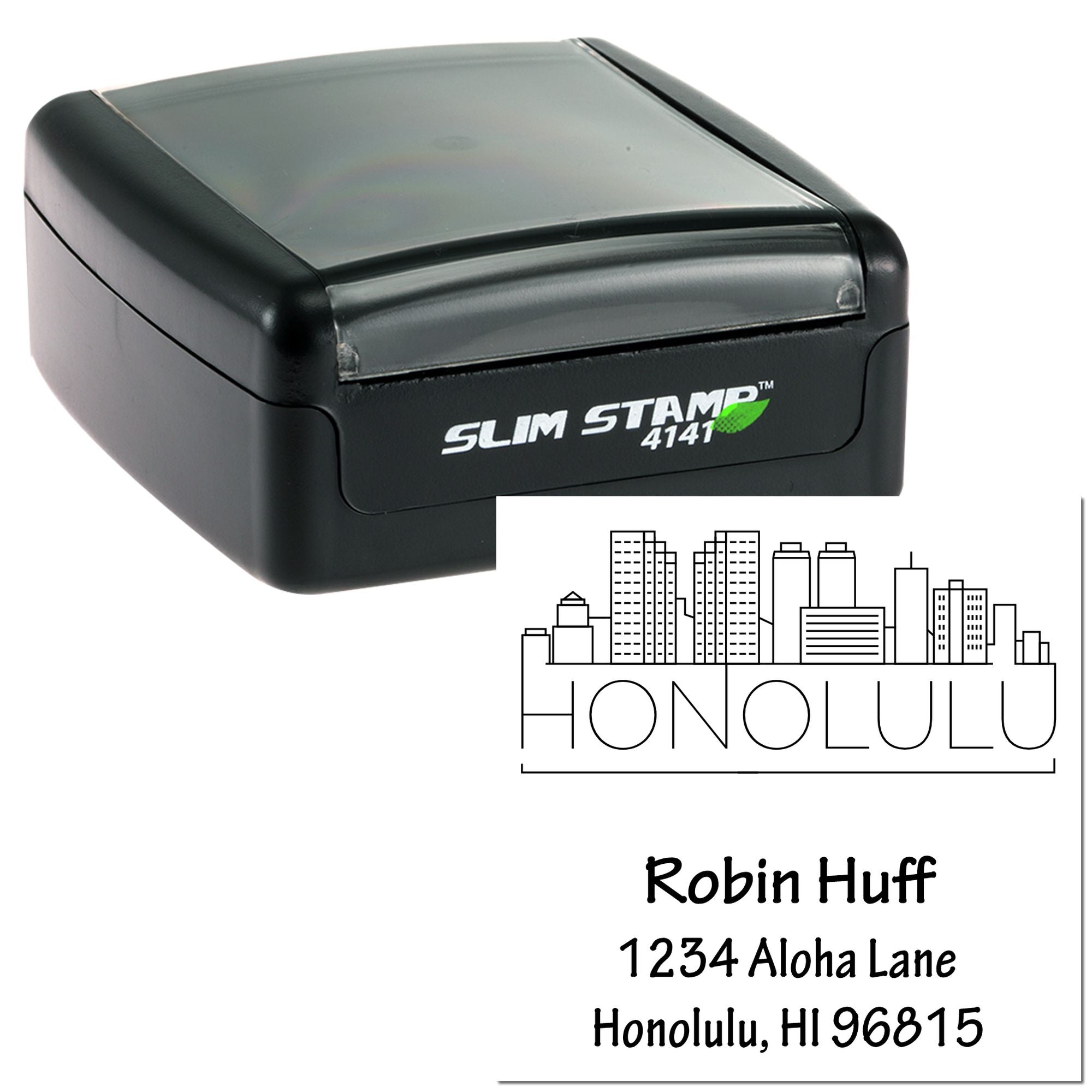Custom self-inking rubber address stamp with Honolulu skyline design for mailing labels and business branding.