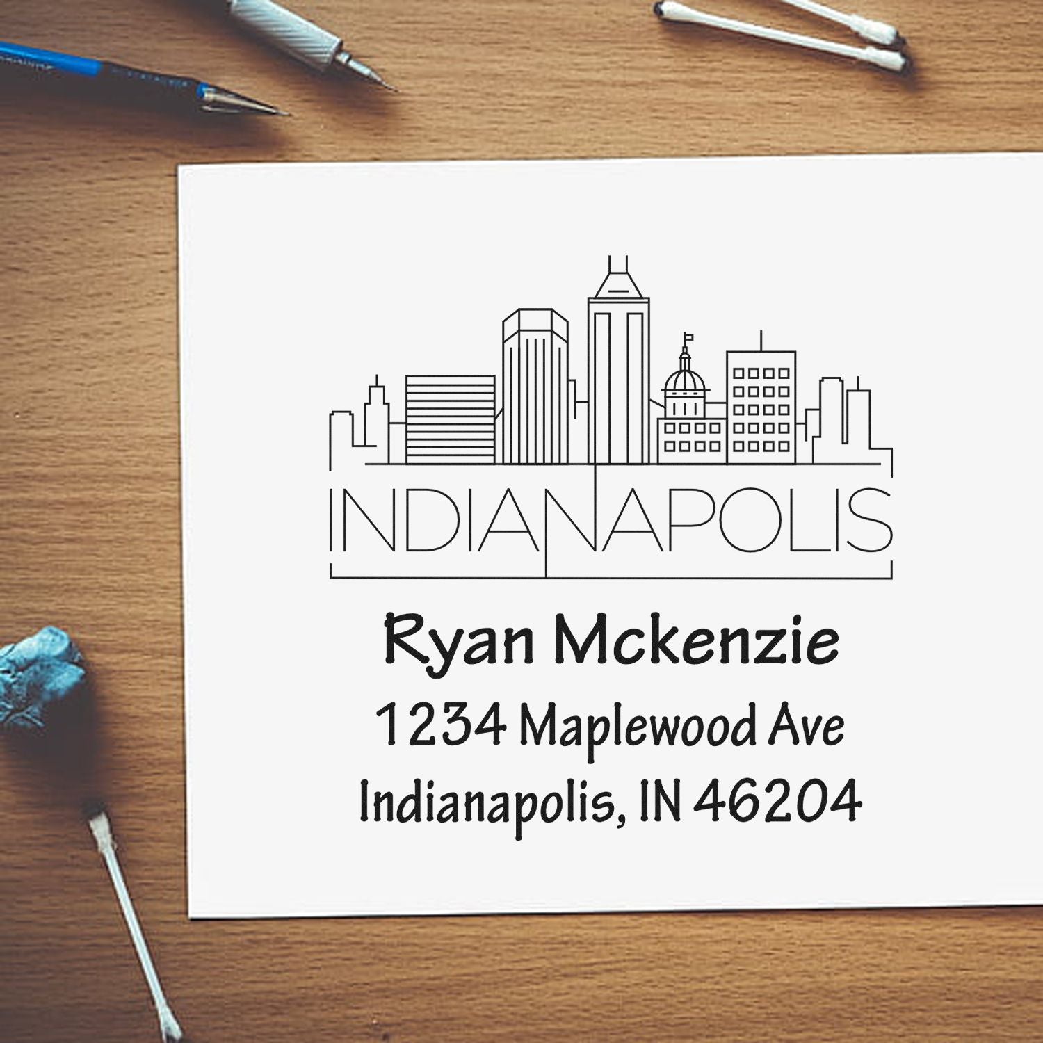 Personalized Indianapolis skyline return address rubber stamp with name and home address for custom mailing and envelopes.