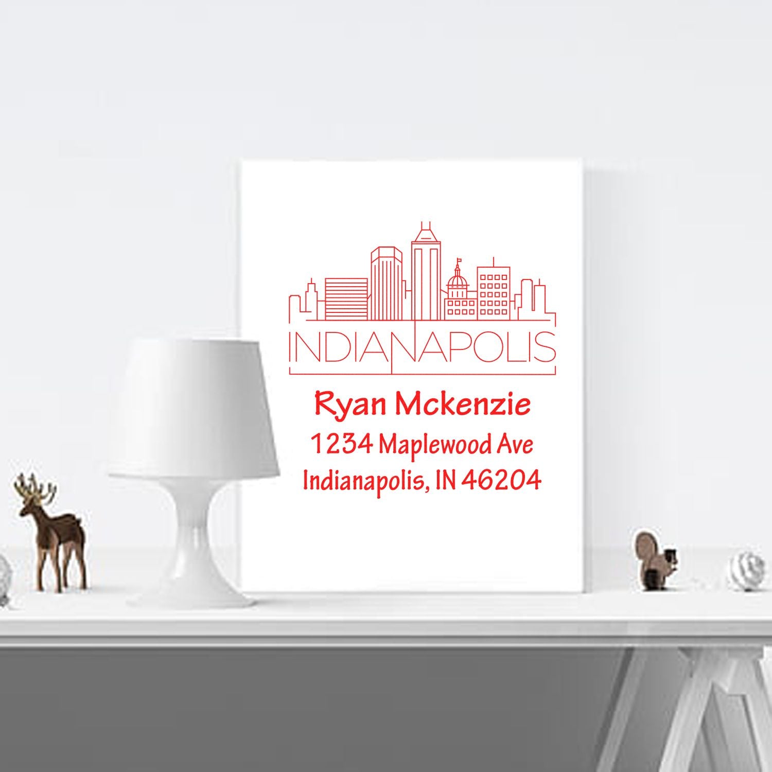 Personalized Indianapolis skyline return address rubber stamp with name and address for custom stationery.