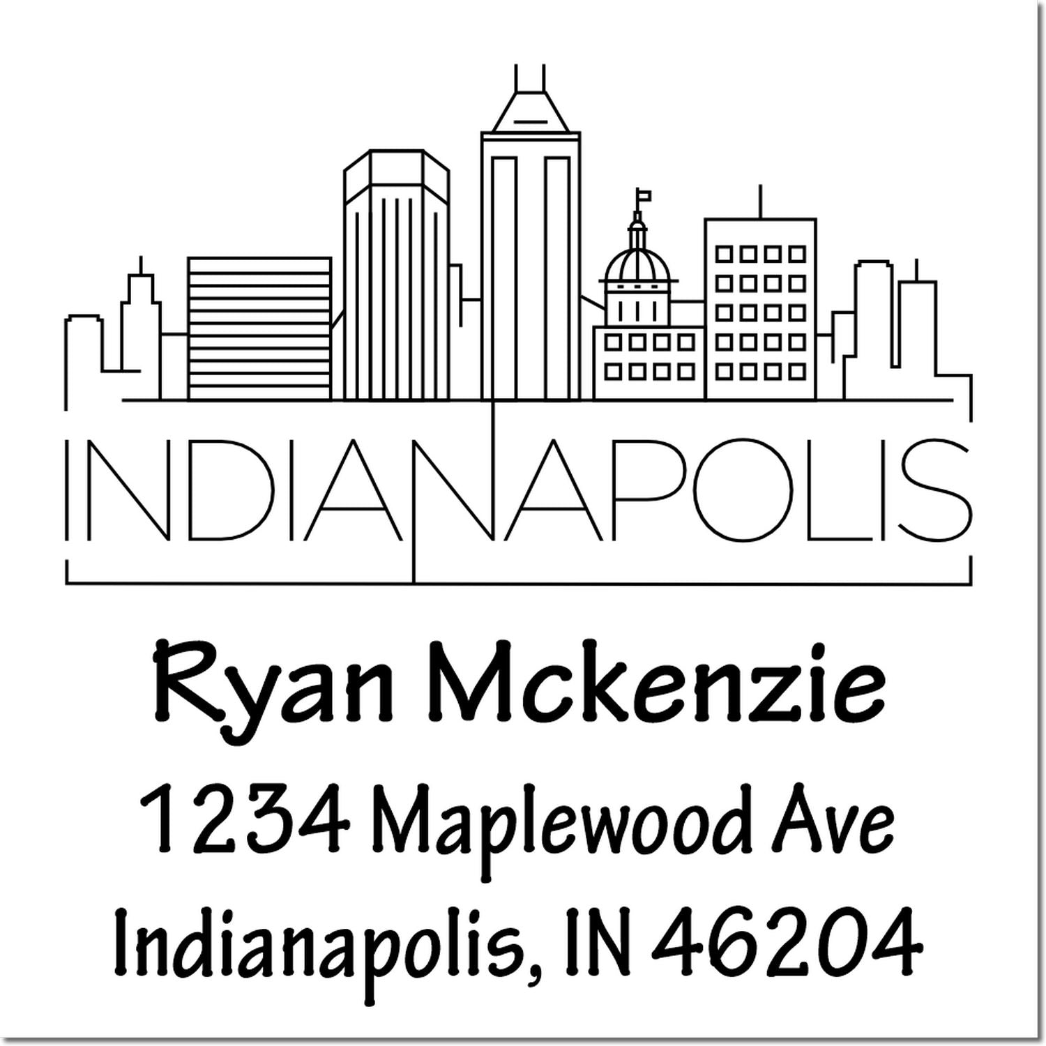Custom Indianapolis address rubber stamp with skyline, featuring Ryan McKenzie and 1234 Maplewood Ave, Indianapolis, IN 46204