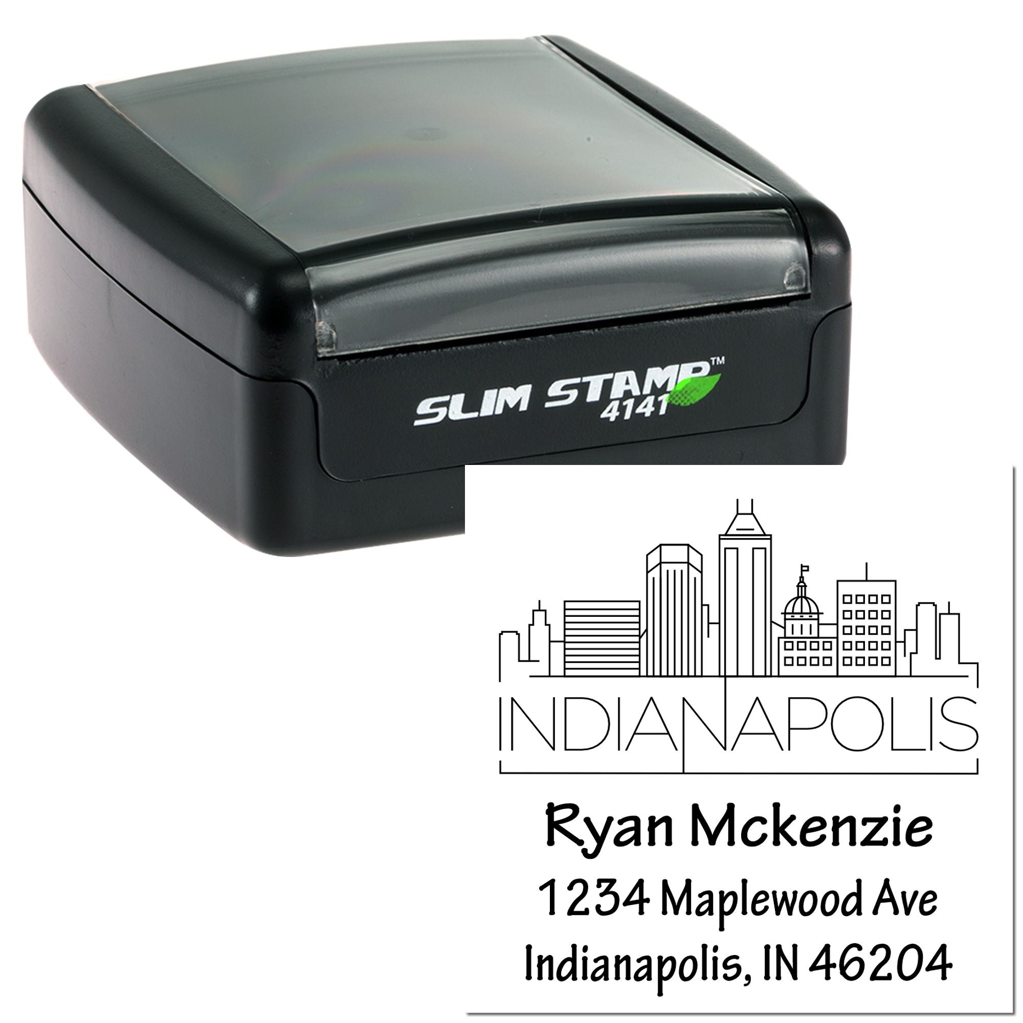 Custom self-inking rubber stamp with Indianapolis skyline address design and name for personalized mail and stationery.