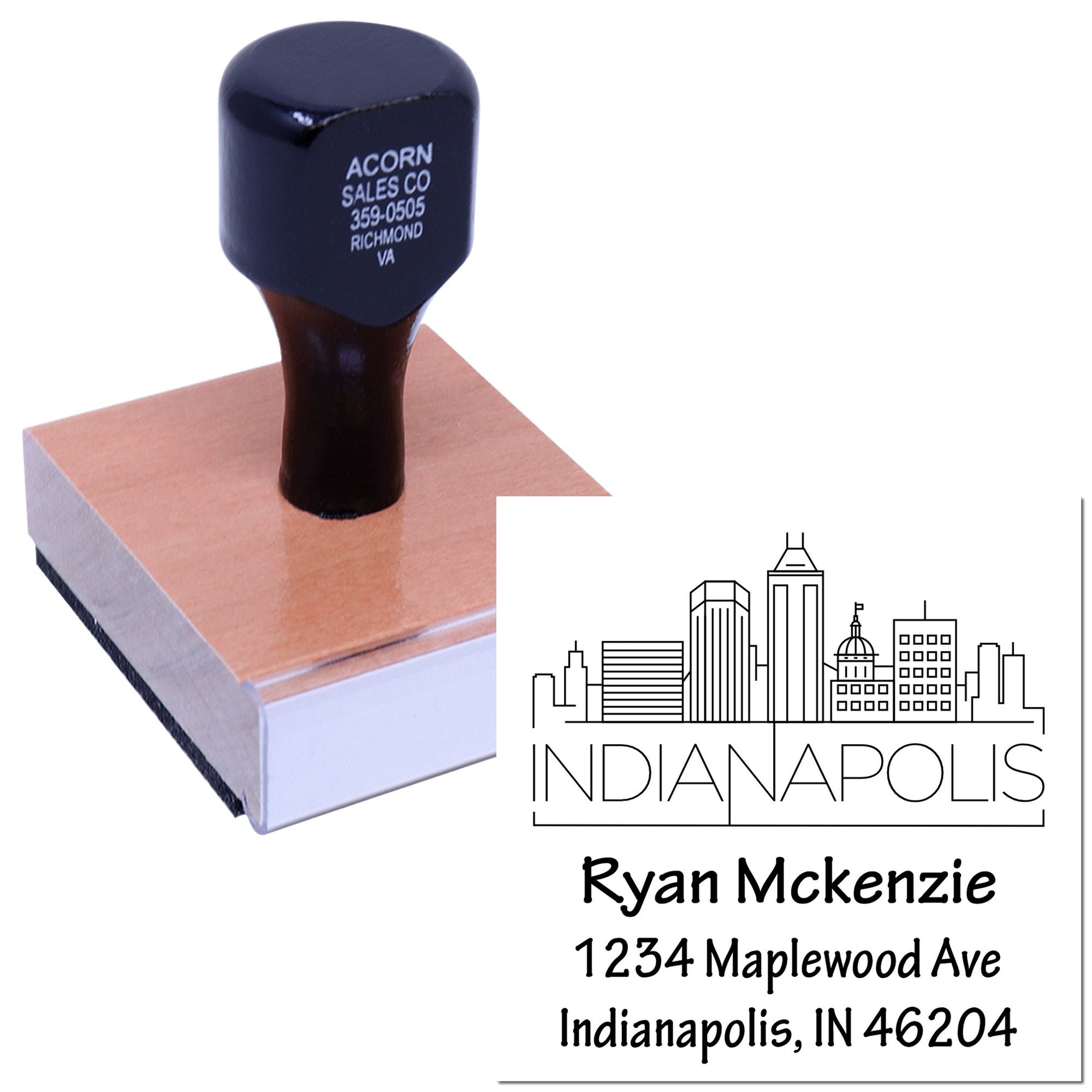 Personalized rubber address stamp with Indianapolis skyline and return address for mailing envelopes.
