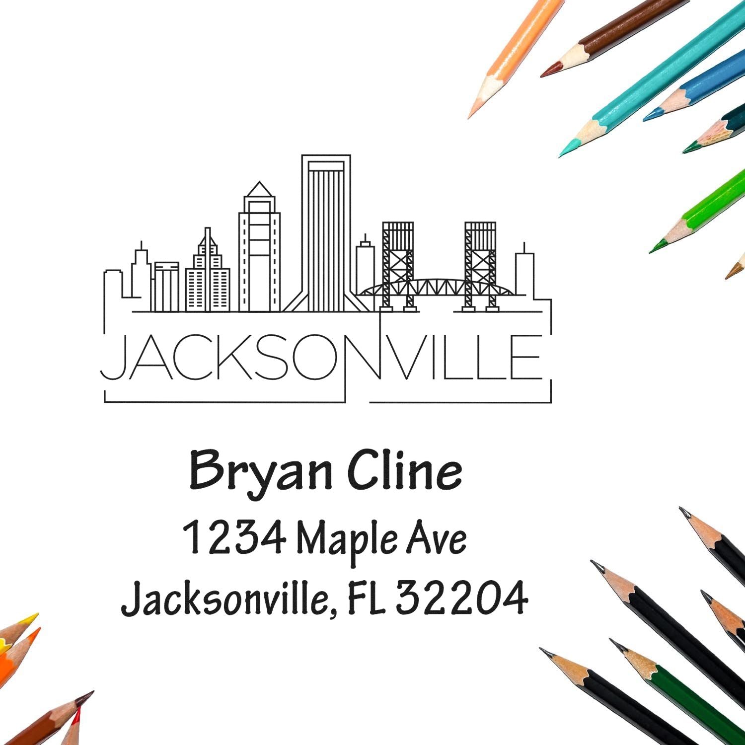 Personalized Jacksonville, FL address rubber stamp with skyline design for custom mailings and business branding.