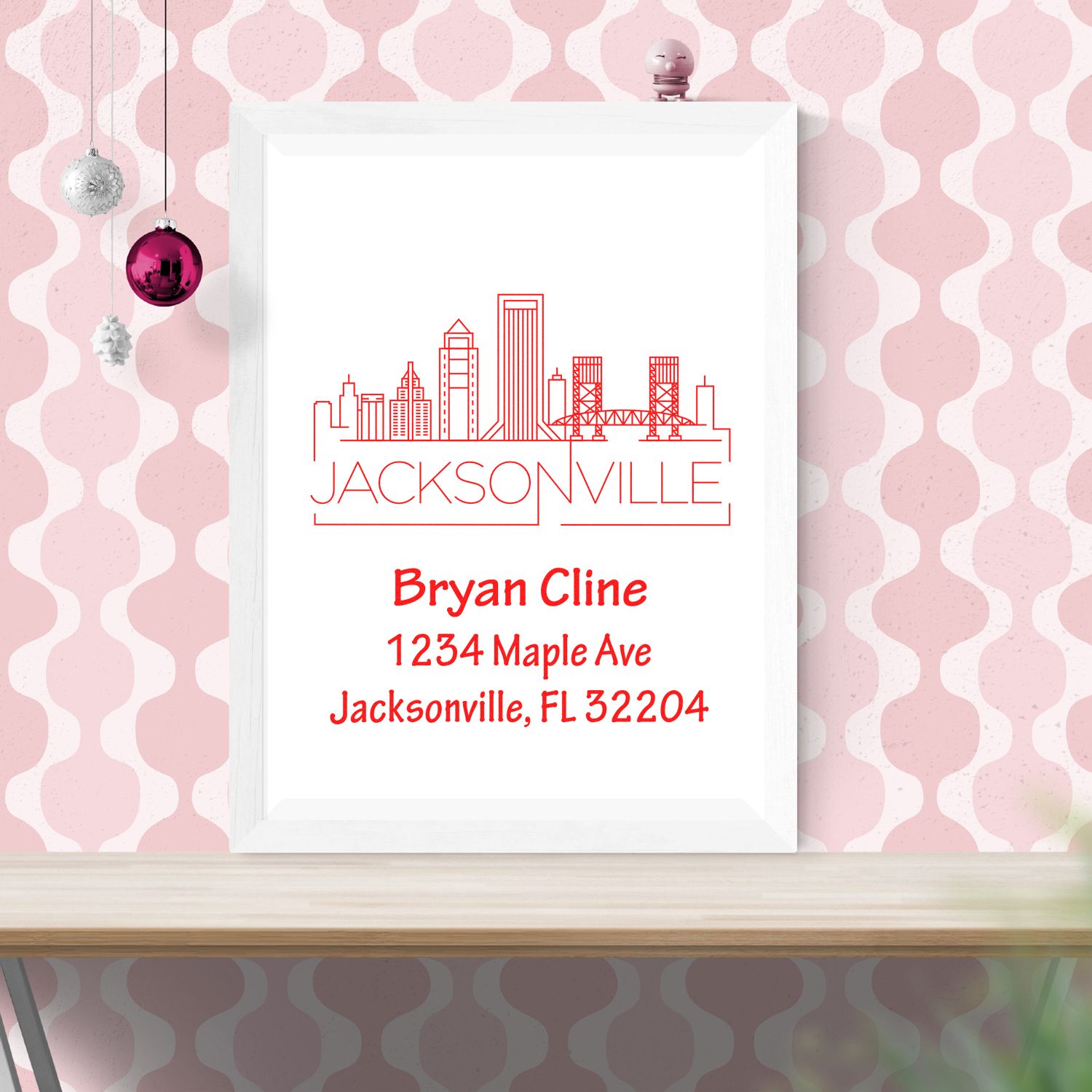 Custom Jacksonville skyline return address rubber stamp with personalized name and address in red.