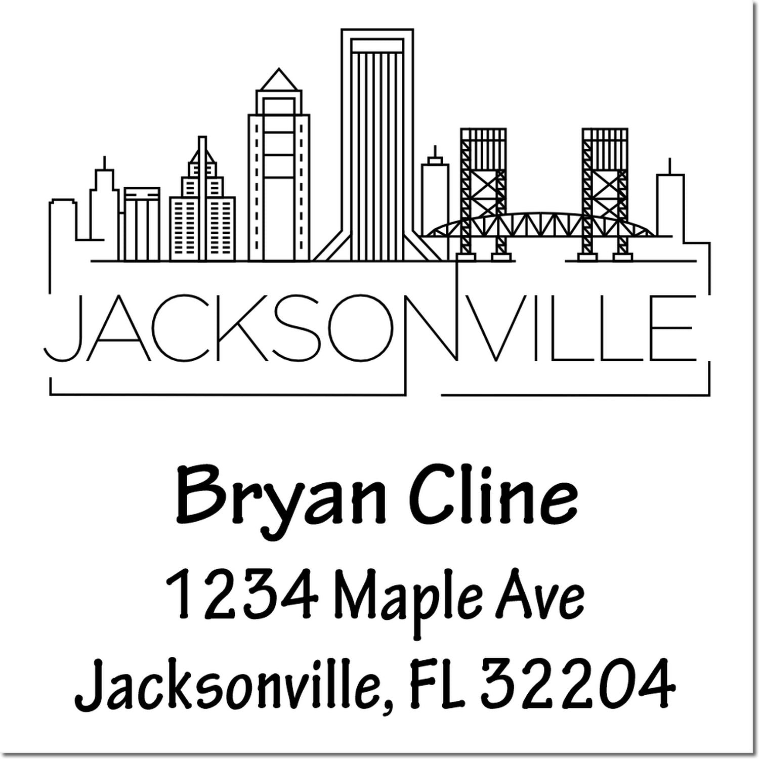 Custom Jacksonville skyline rubber stamp with name, street address, city, state, and ZIP code for personalized mailing.
