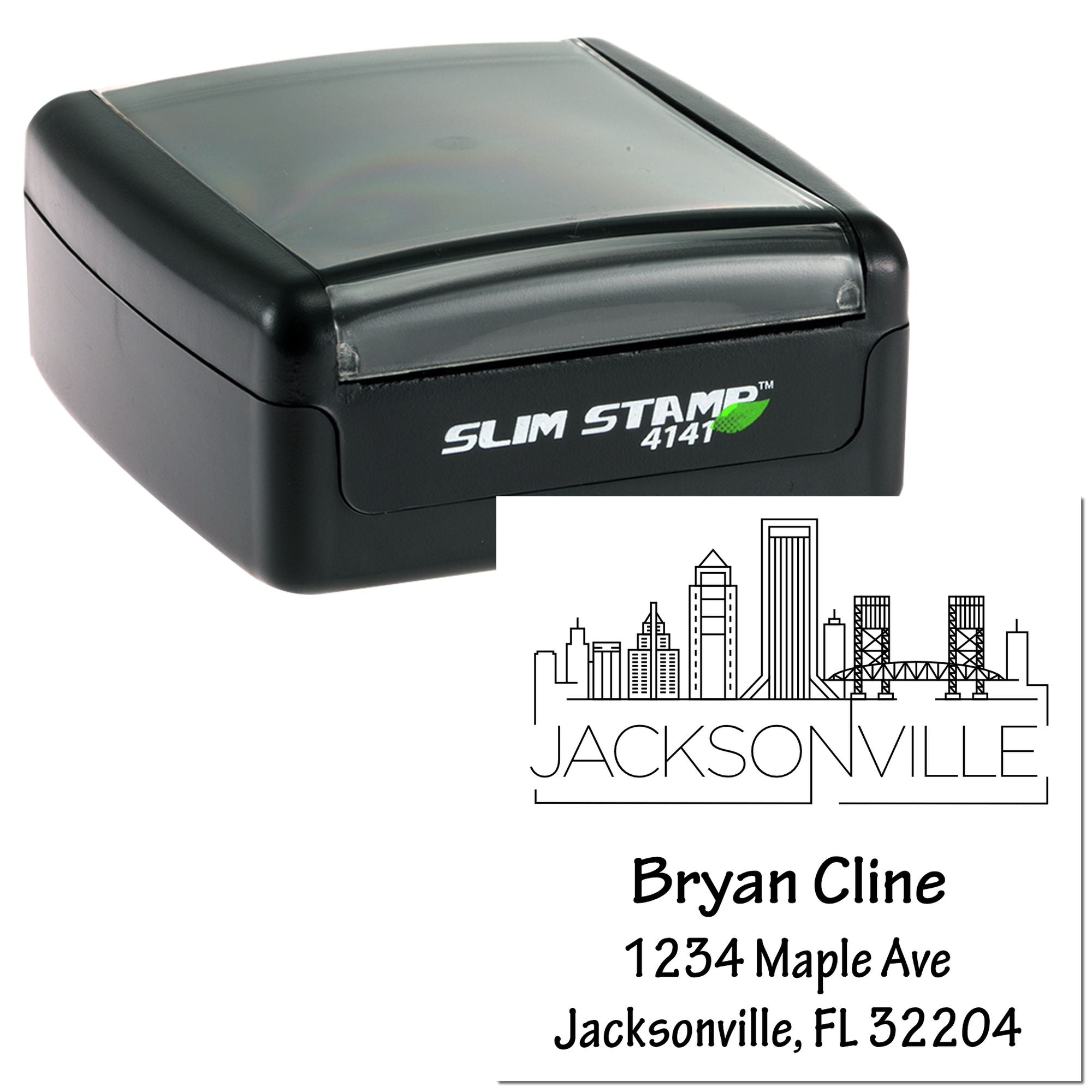 Custom self-inking rubber address stamp with Jacksonville skyline and Bryan Cline return address.