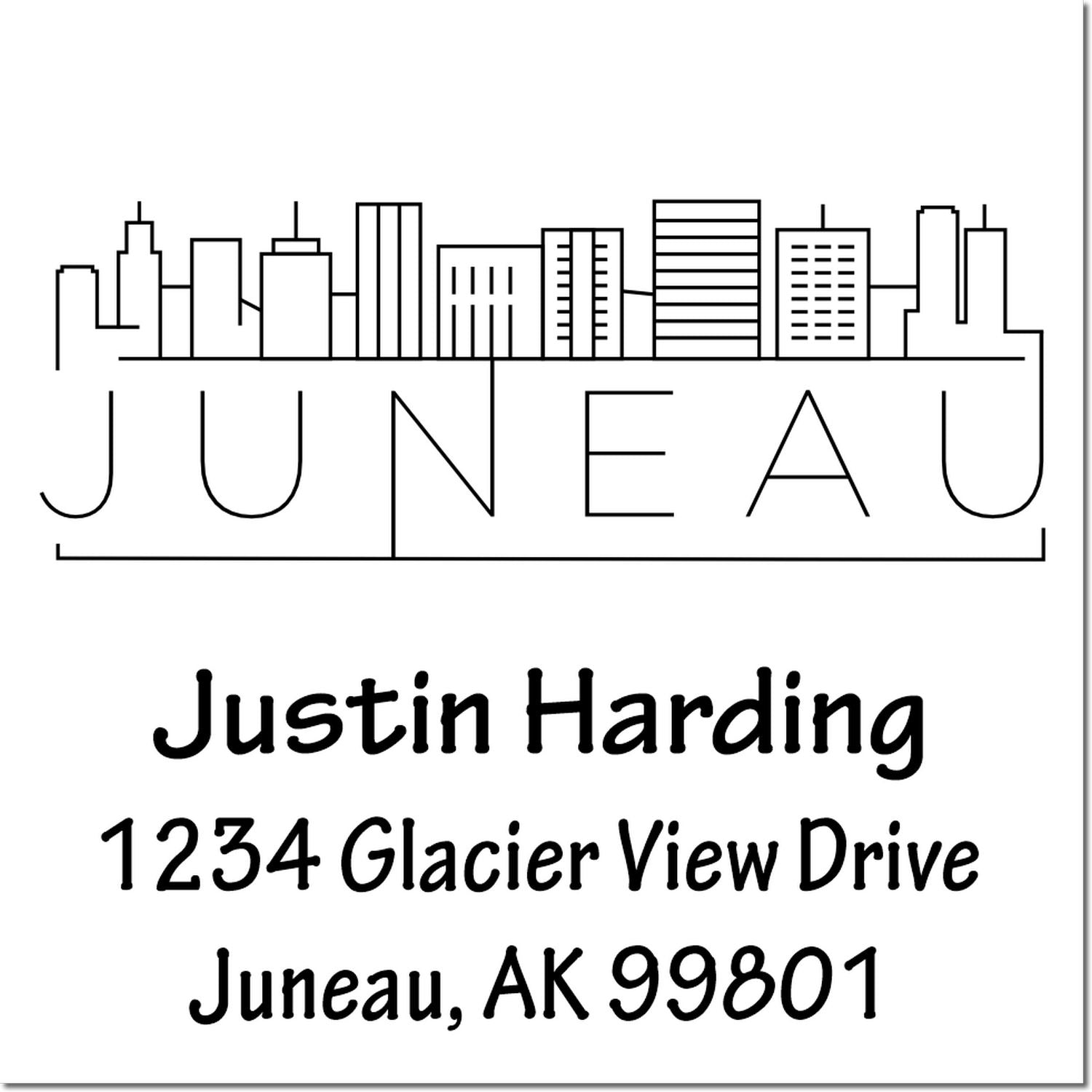 Custom Juneau address rubber stamp with skyline logo and personalized name, street address, and Alaska ZIP code.