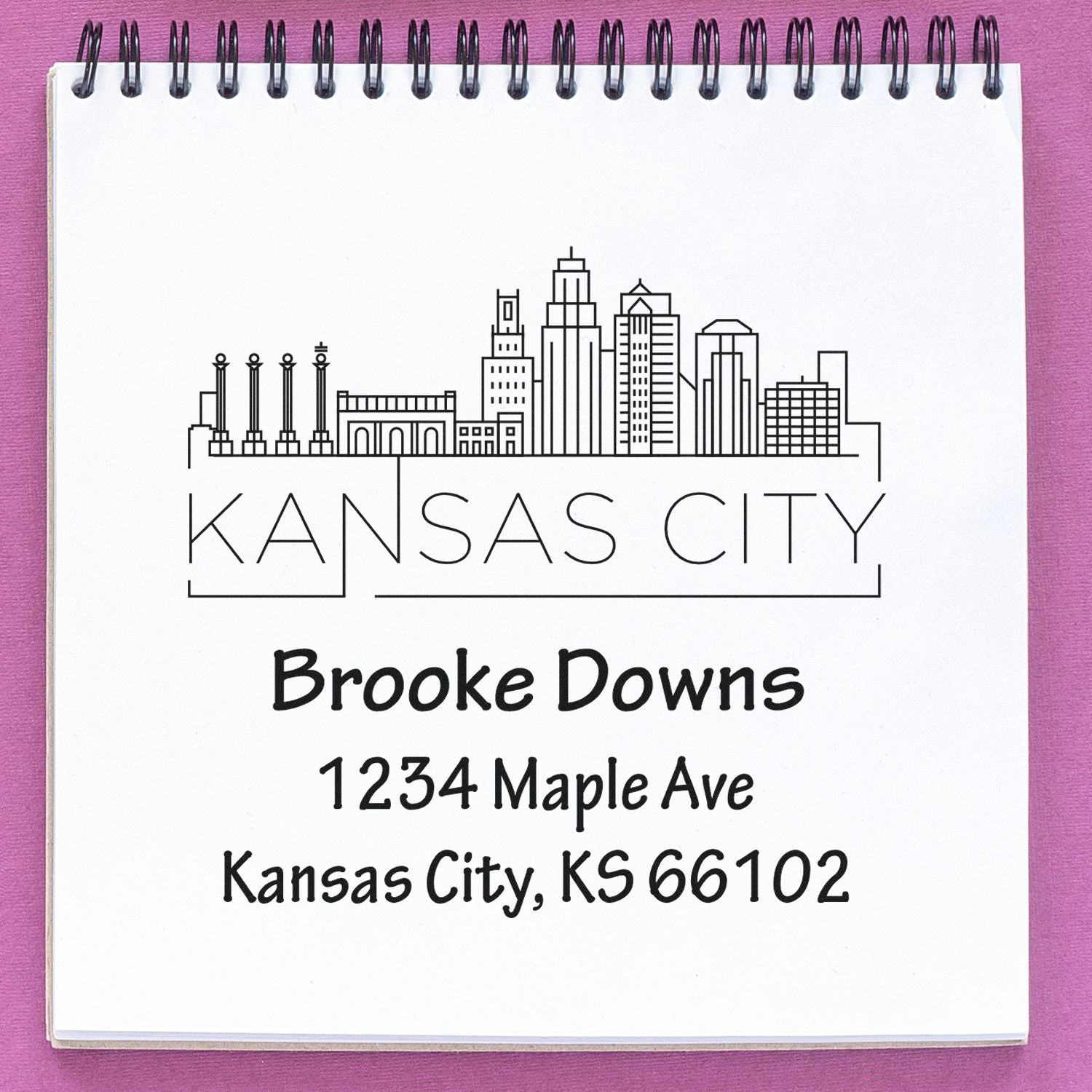 Personalized Kansas City return address rubber stamp with skyline, Brooke Downs, 1234 Maple Ave, Kansas City, KS 66102.