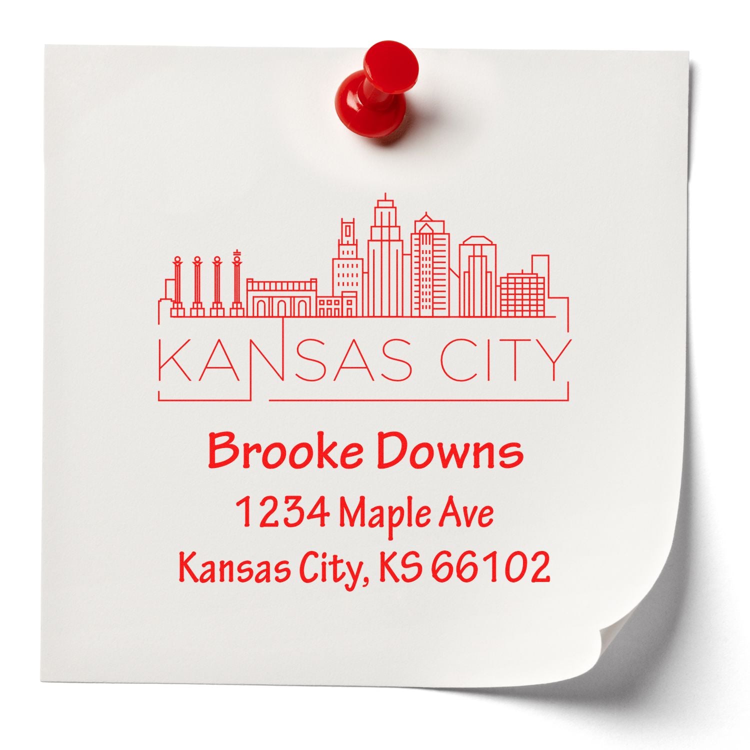 Personalized Kansas City skyline address stamp with Brooke Downs name and Maple Ave return address in red ink.