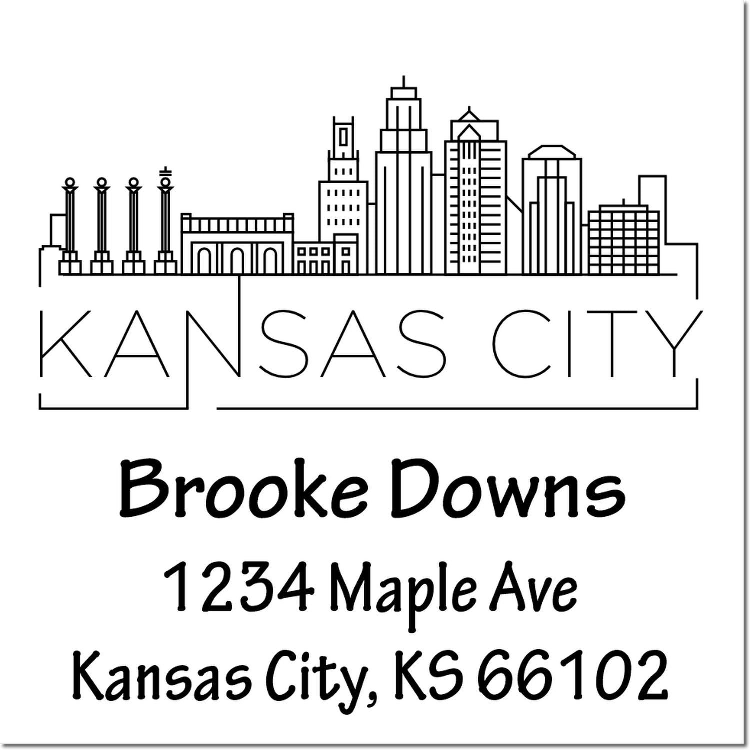 Personalized Kansas City skyline return address rubber stamp with Brooke Downs, 1234 Maple Ave, Kansas City, KS 66102