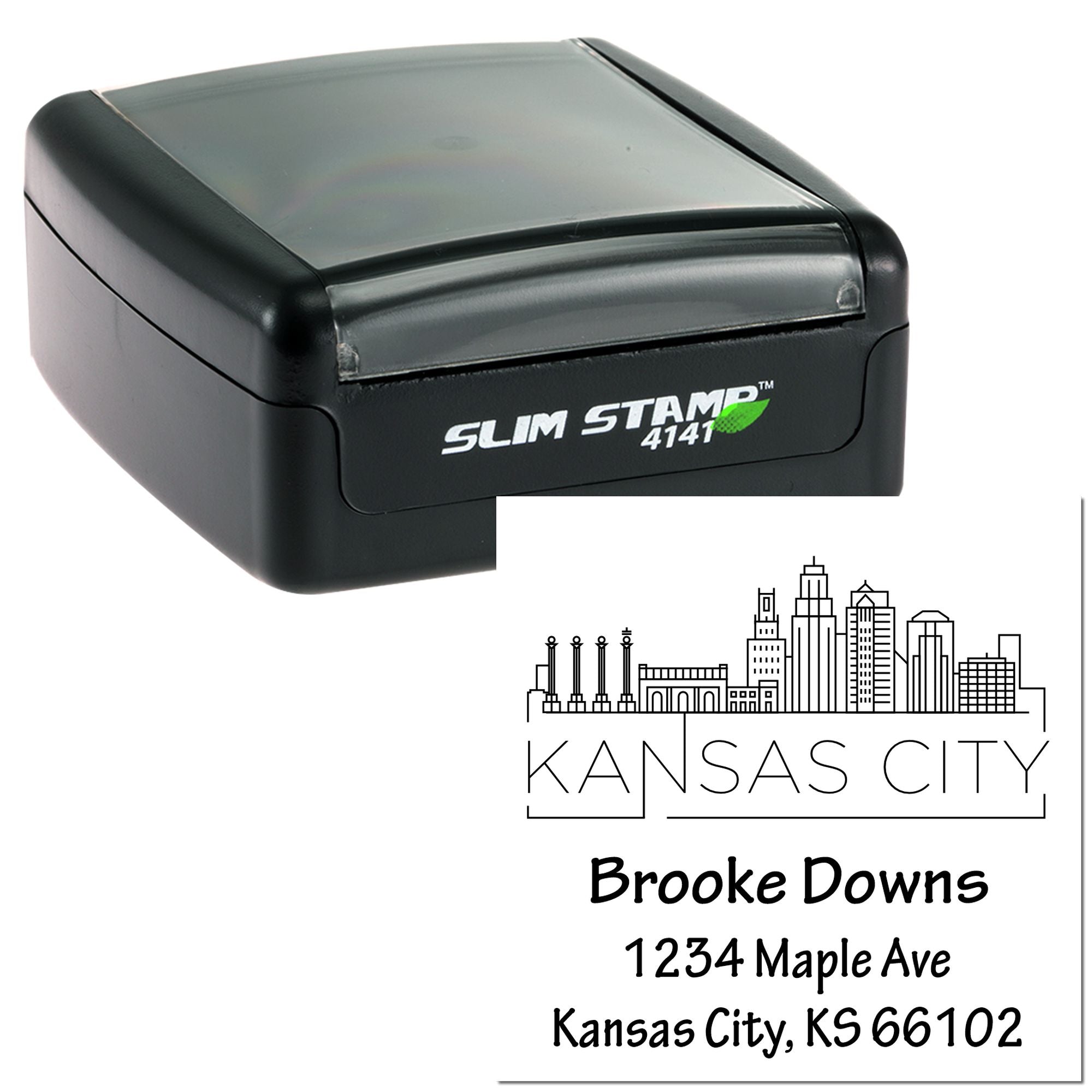 Custom self-inking address stamp with Kansas City skyline design, Brooke Downs name, and 1234 Maple Ave return address.