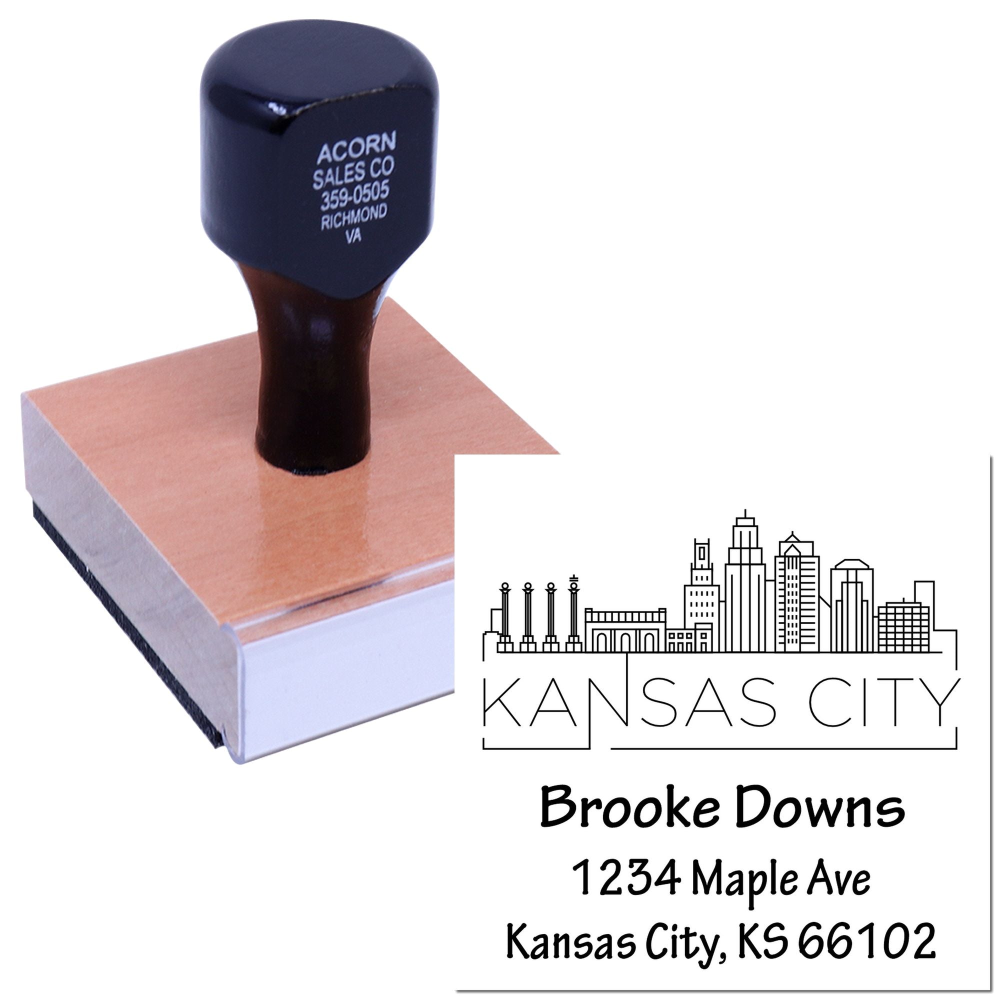 Custom Kansas City address rubber stamp with skyline design, personalized name, street address, and ZIP code