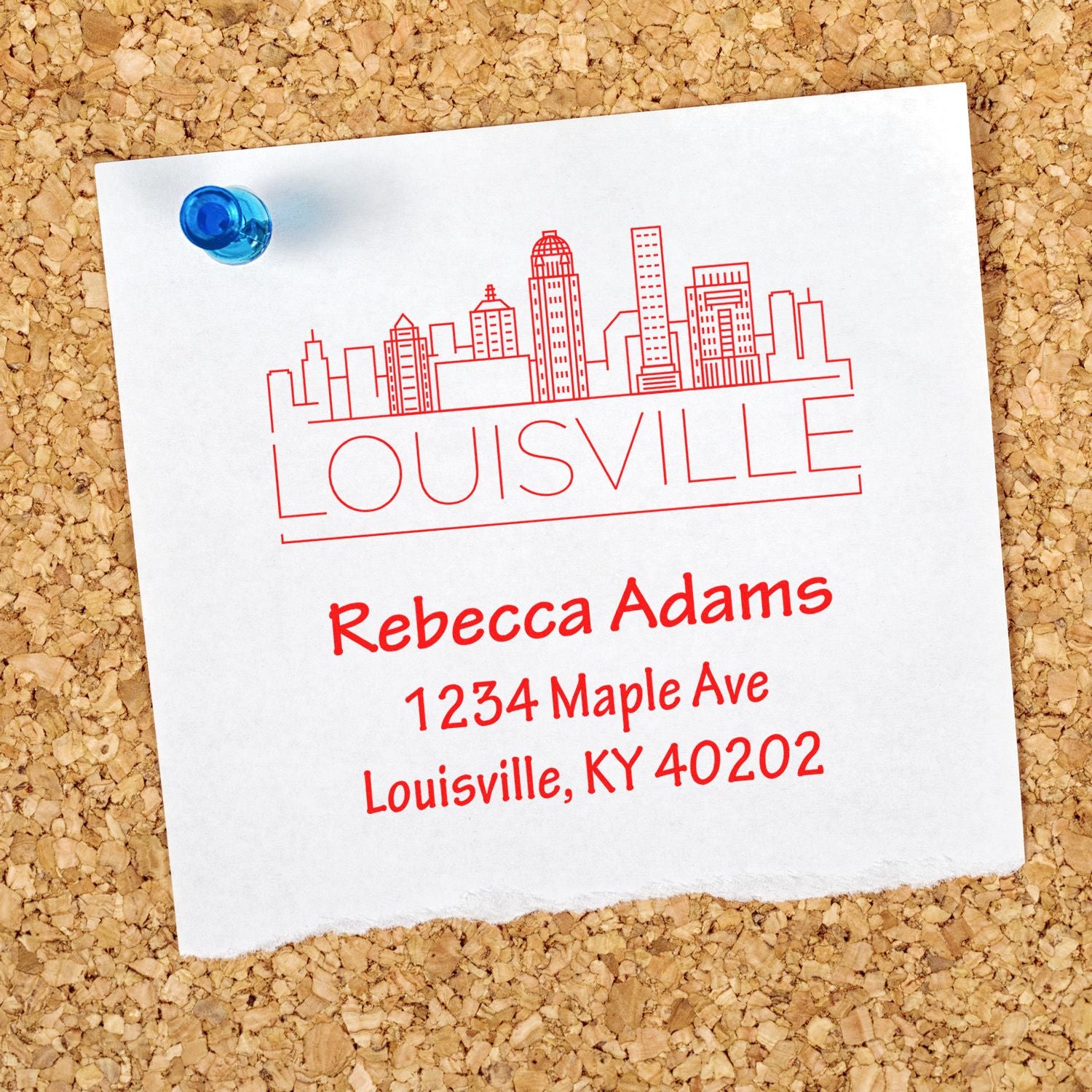 Louisville skyline custom address rubber stamp for Rebecca Adams, 1234 Maple Ave, Louisville, KY 40202.