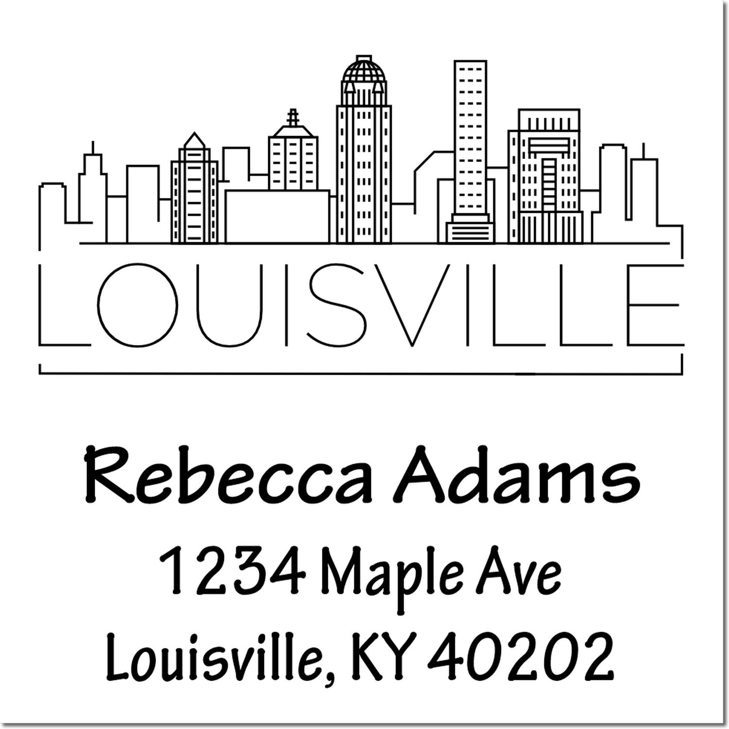 Custom Louisville address rubber stamp with skyline, Rebecca Adams, 1234 Maple Ave, Louisville, KY 40202.