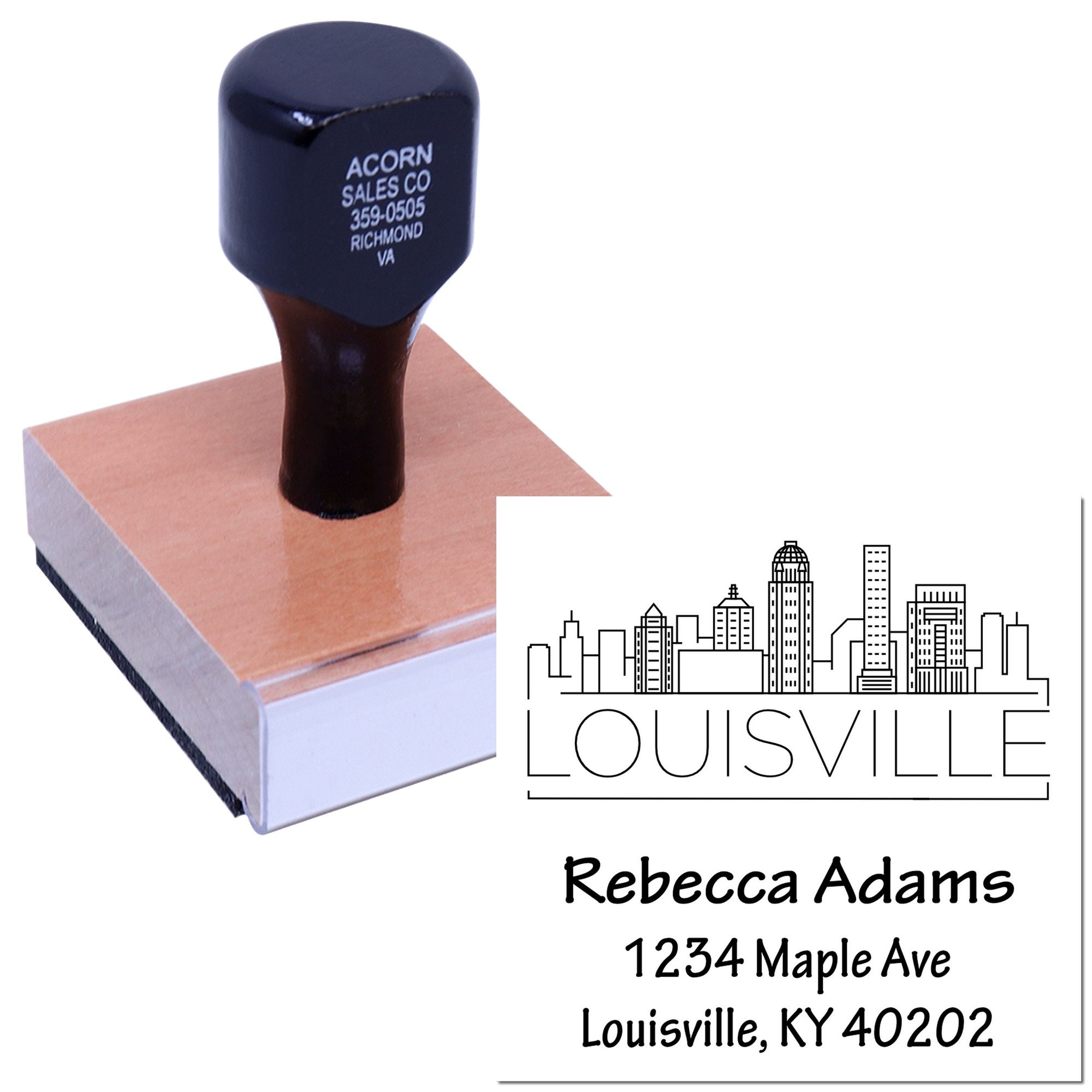Custom rubber address stamp featuring Louisville skyline and Rebecca Adams return address for mailing and business use.