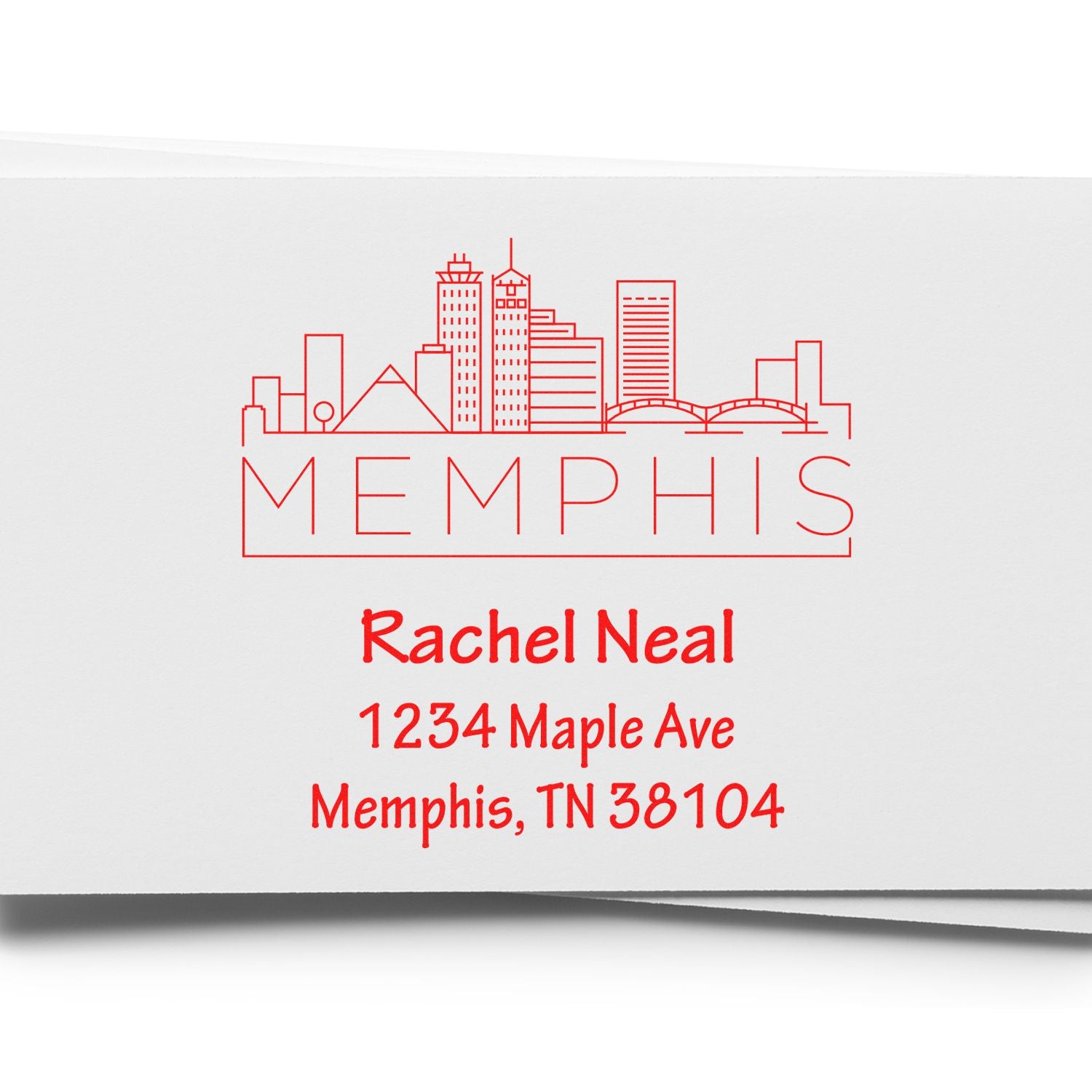 Custom Memphis return address rubber stamp with skyline, featuring Rachel Neal, 1234 Maple Ave, Memphis, TN 38104.