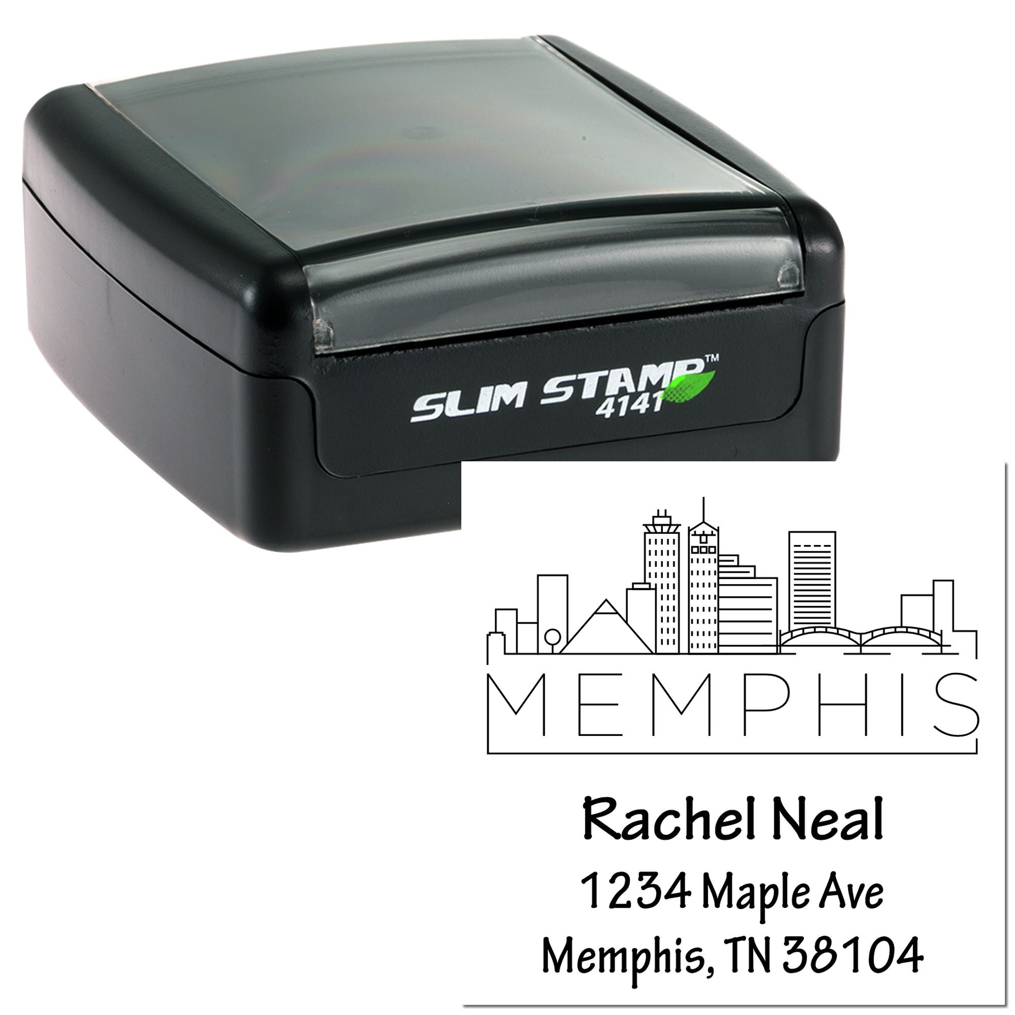 Custom self-inking rubber stamp with Memphis skyline return address design.