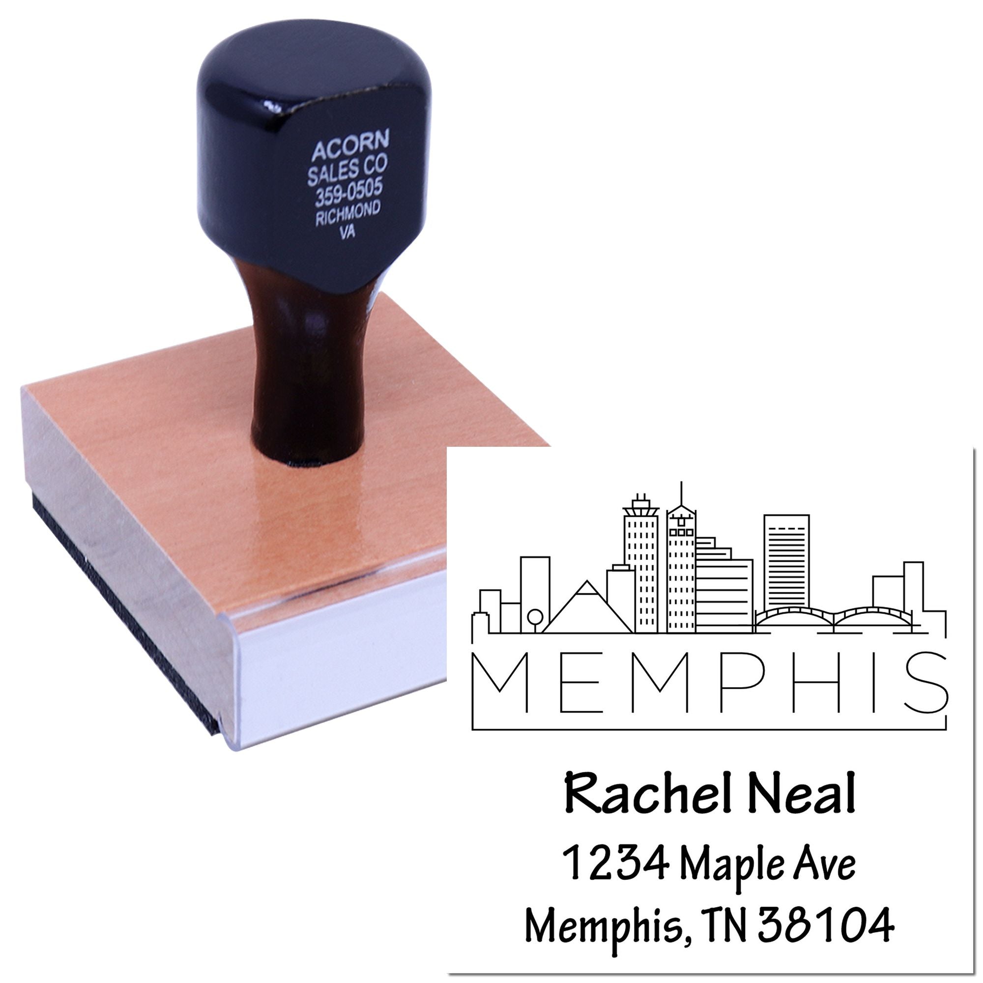 Custom rubber address stamp with Memphis skyline logo and return address for business mail and branding.
