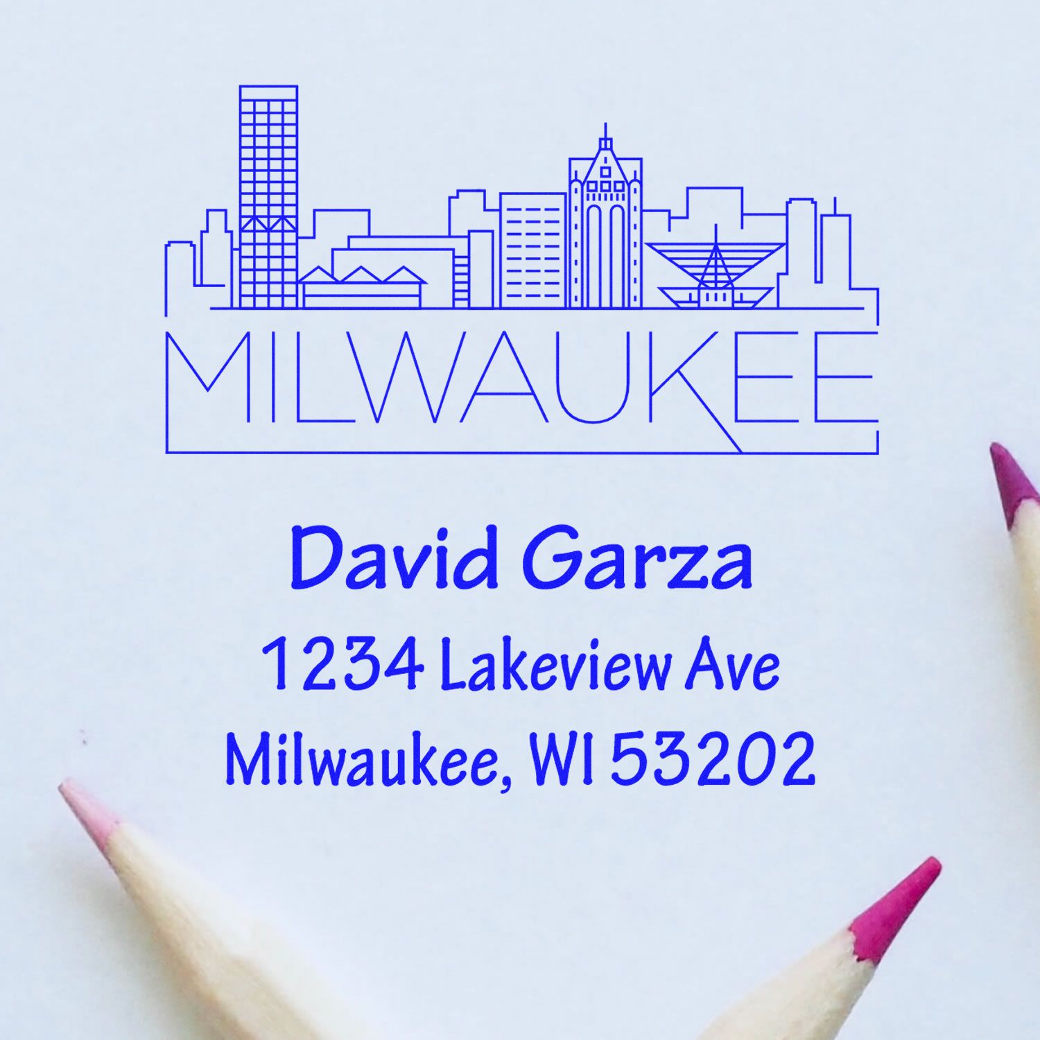 Personalized Milwaukee skyline return address rubber stamp with name and address