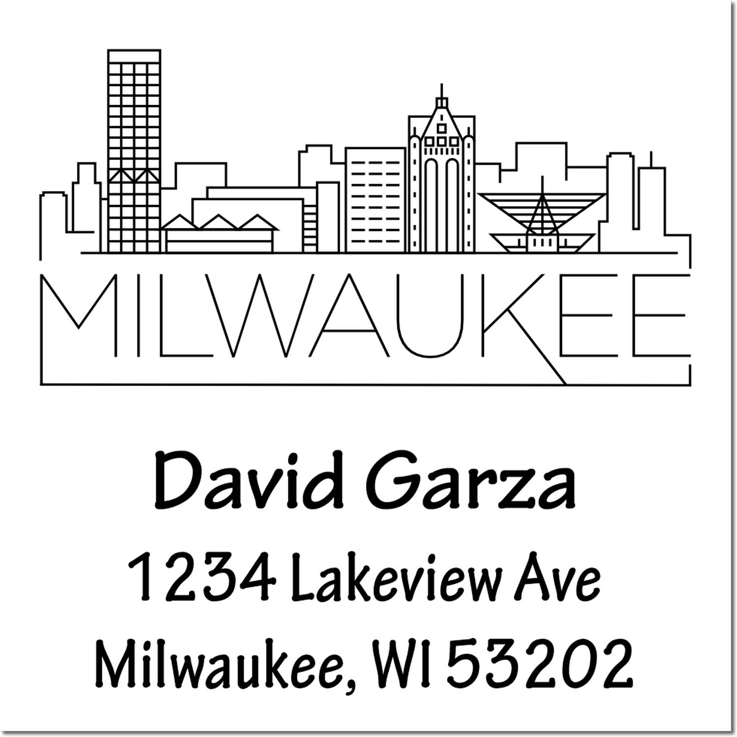 Custom Milwaukee skyline return address rubber stamp with David Garza, 1234 Lakeview Ave, Milwaukee, WI 53202.