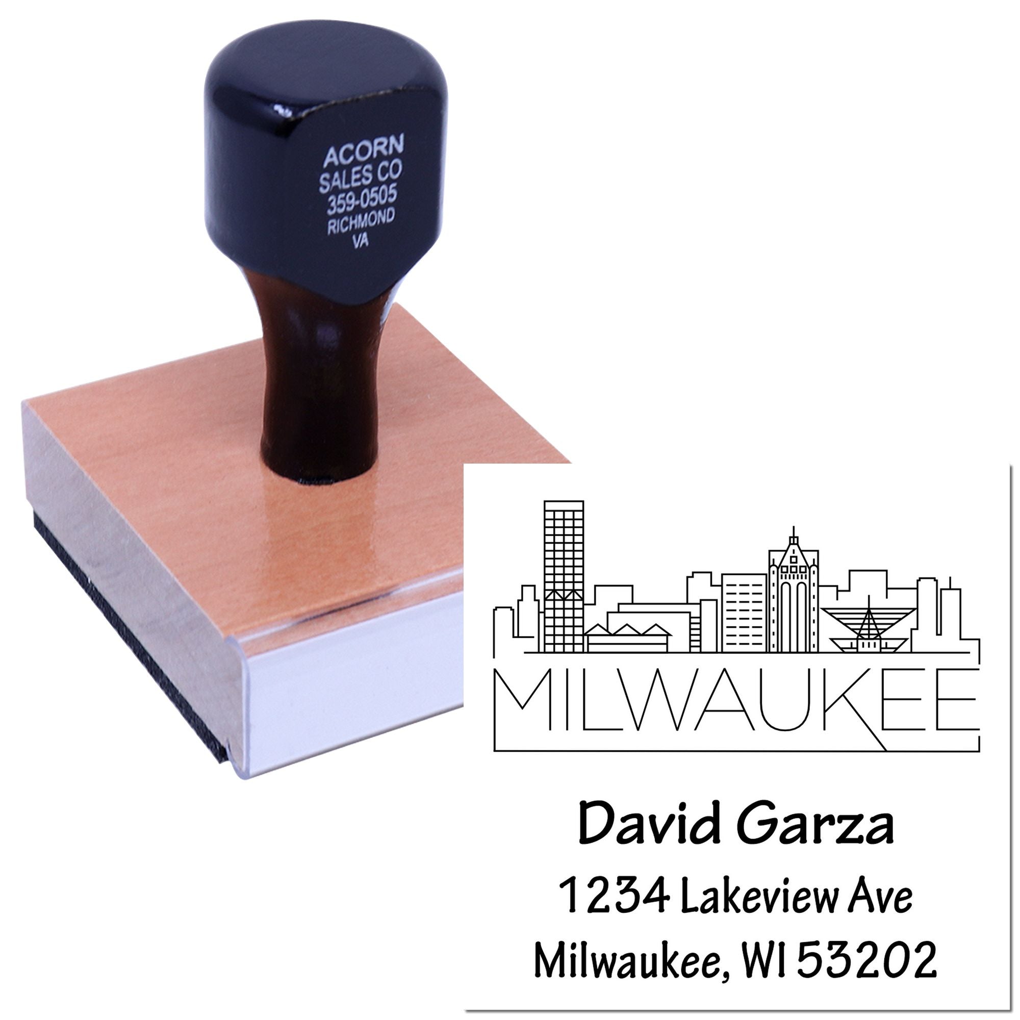 Custom Milwaukee address rubber stamp with skyline design for personalized return address and business mailing.