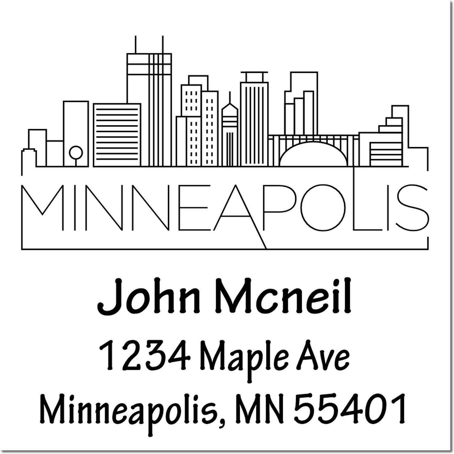 Personalized Minneapolis address rubber stamp with skyline logo for John McNeil, 1234 Maple Ave, Minneapolis, MN 55401