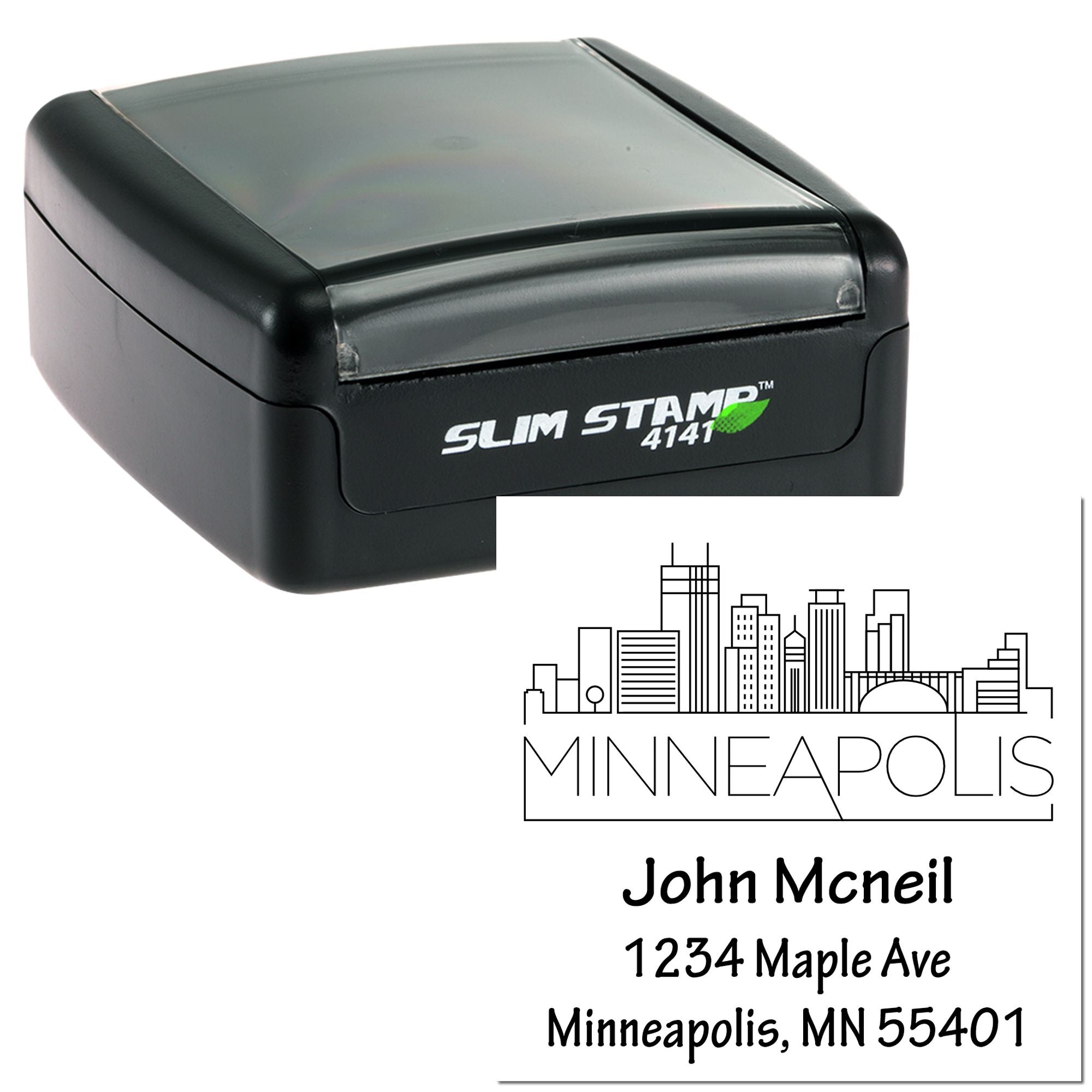 Custom Minneapolis self-inking rubber address stamp with skyline logo and return address imprint