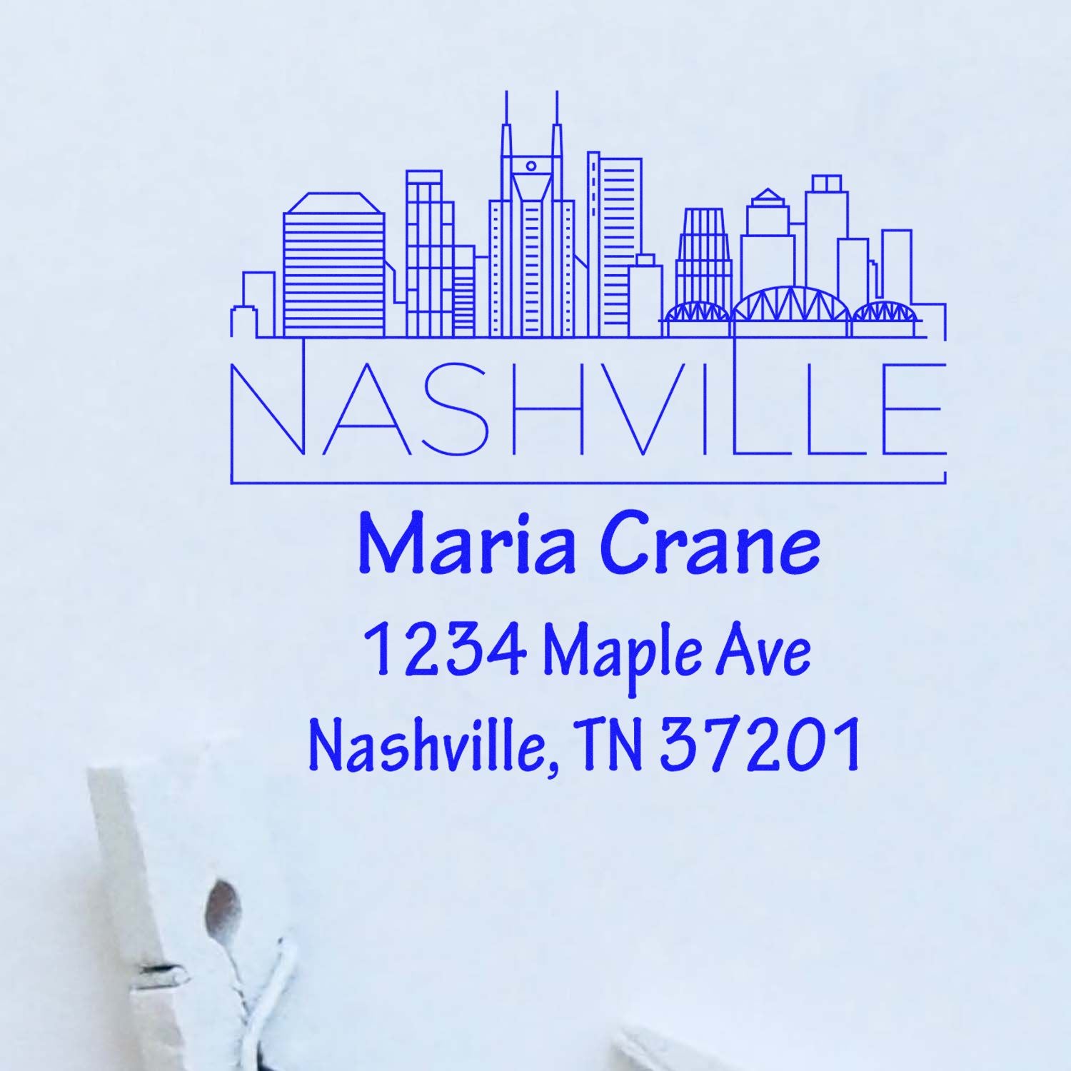 Custom Nashville skyline return address rubber stamp for Maria Crane, 1234 Maple Ave, Nashville, TN 37201.