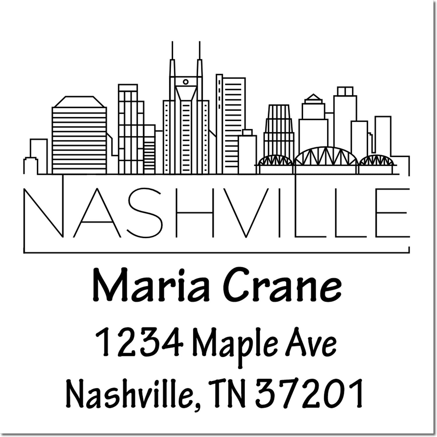 Personalized Nashville return address rubber stamp with skyline, Maria Crane, 1234 Maple Ave, Nashville, TN 37201